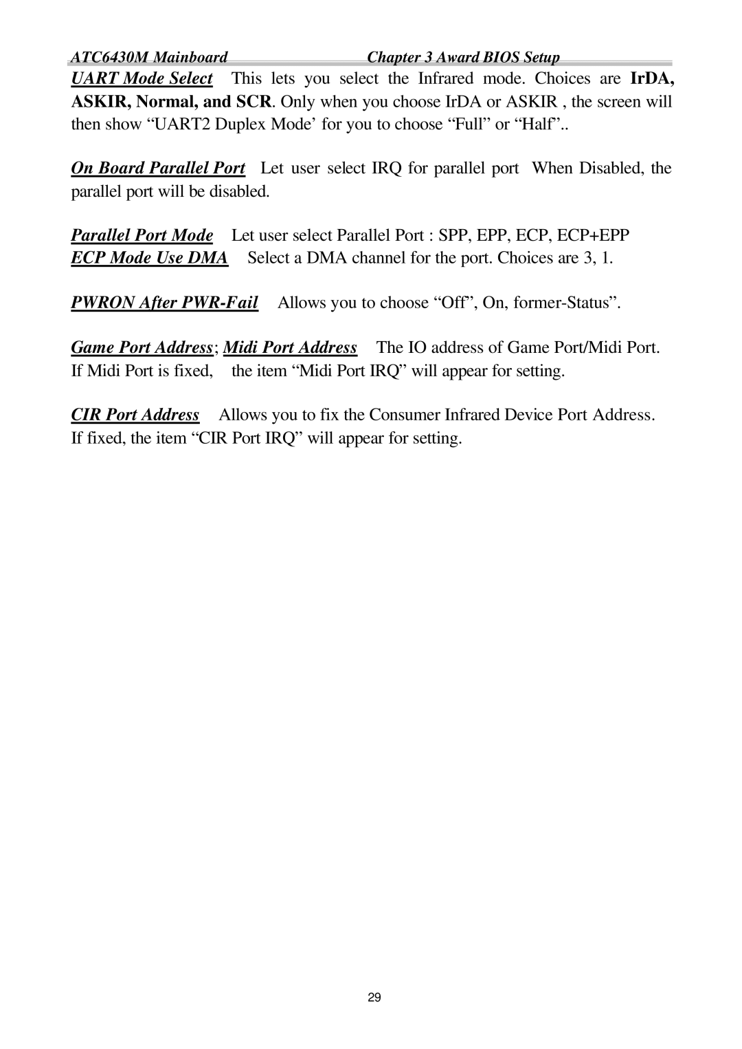 Intel appendix ATC6430M MainboardChapter 3 Award Bios Setup 