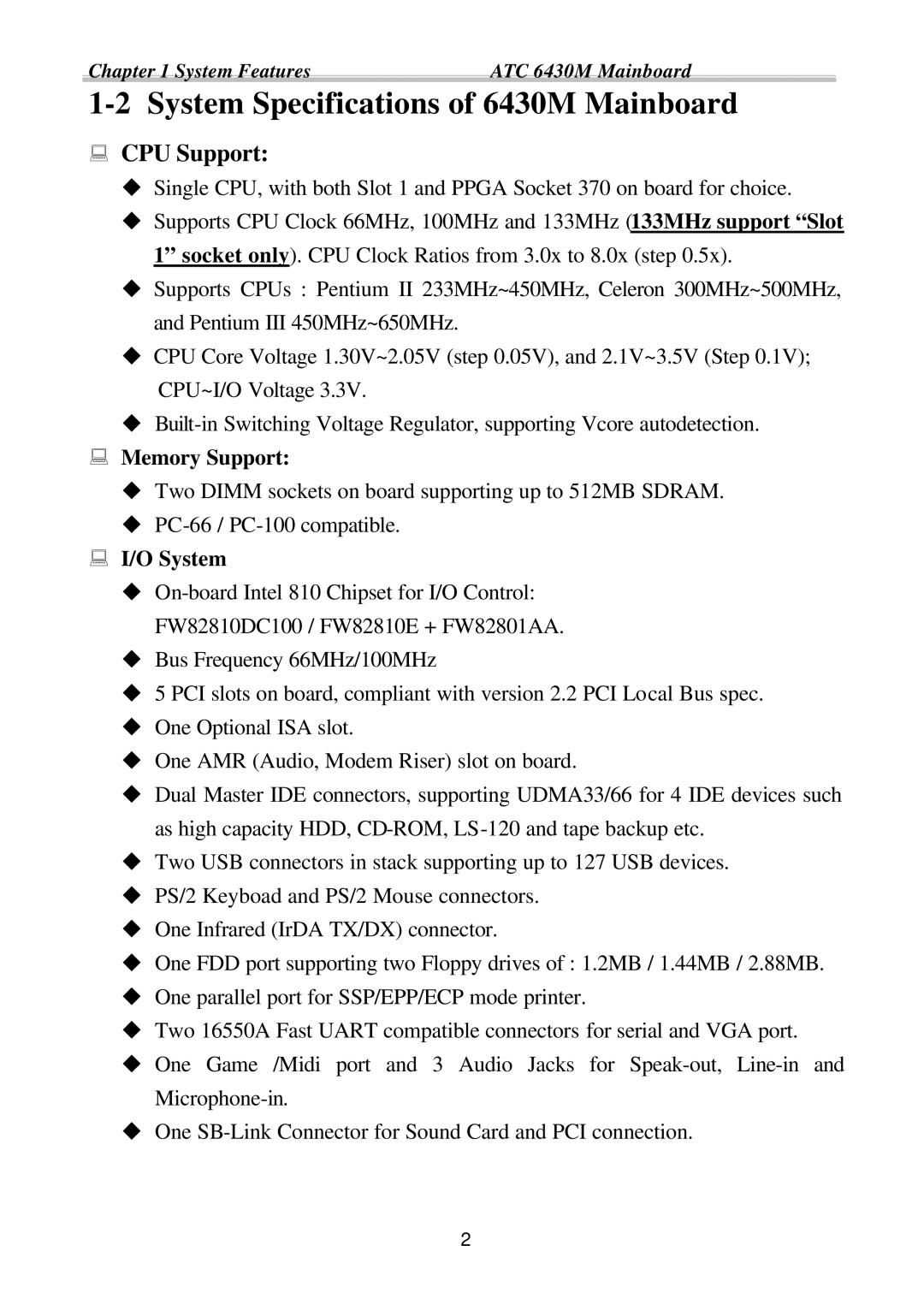 Intel ATC6430M appendix CPU Support, Memory Support, System 