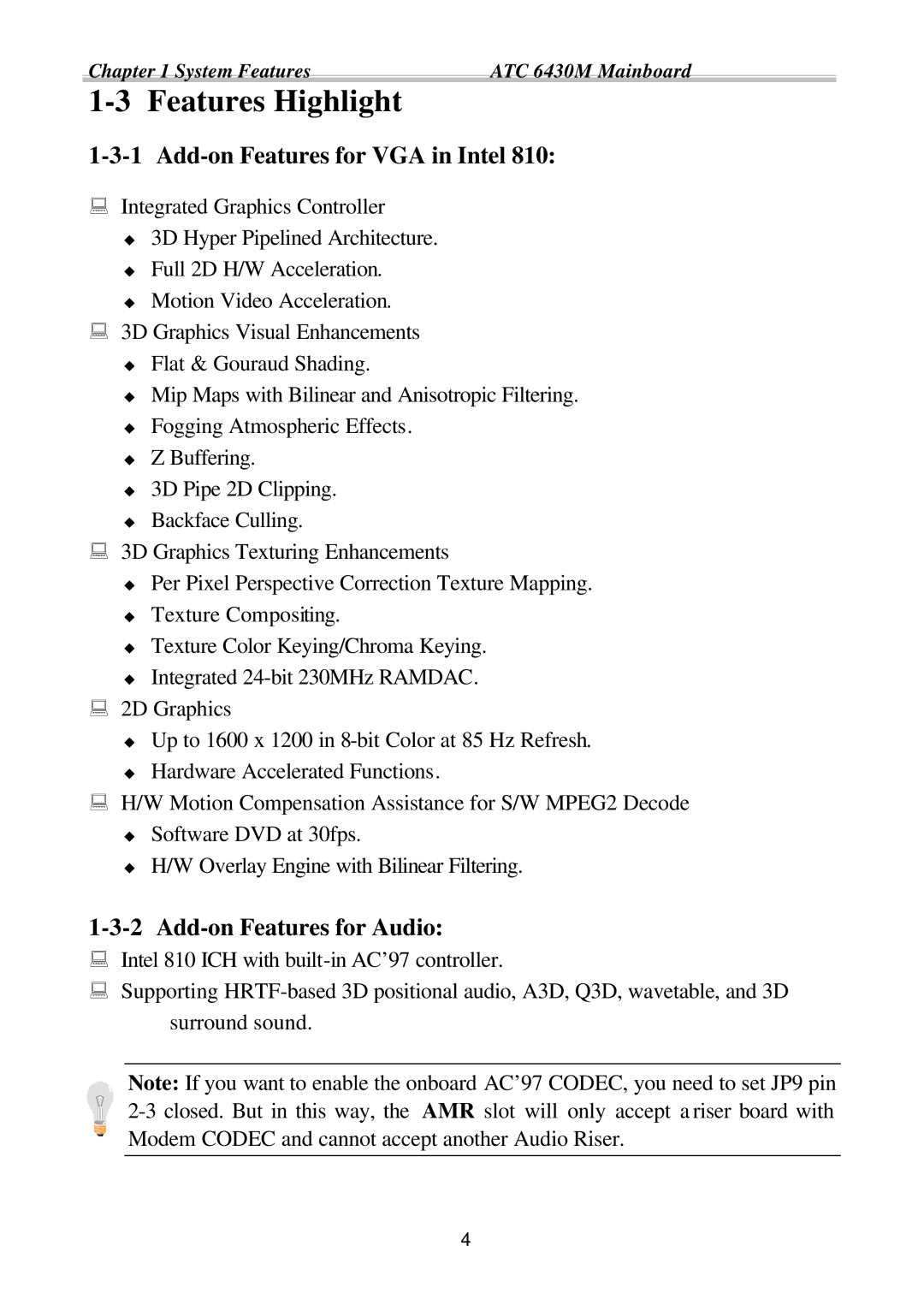 Intel ATC6430M appendix Add-on Features for VGA in Intel, Add-on Features for Audio 