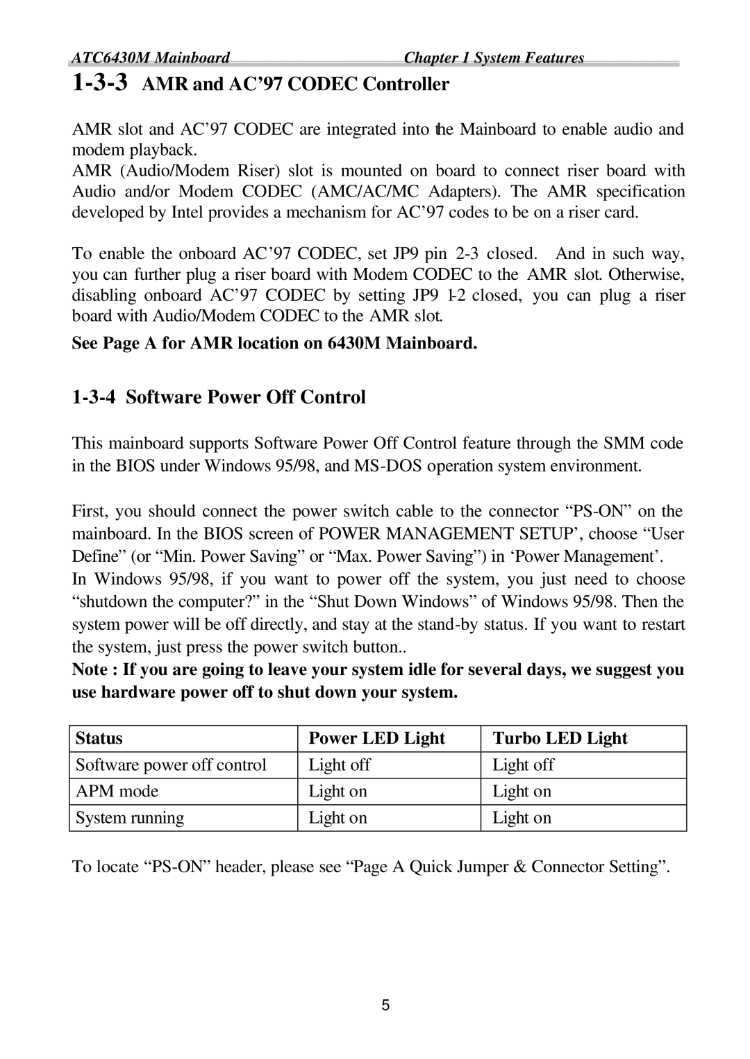 Intel ATC6430M 3AMR and AC’97 Codec Controller, Software Power Off Control, See Page a for AMR location on 6430M Mainboard 