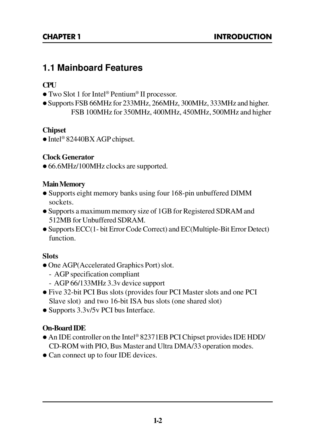 Intel ATX BX2 manual Mainboard Features 