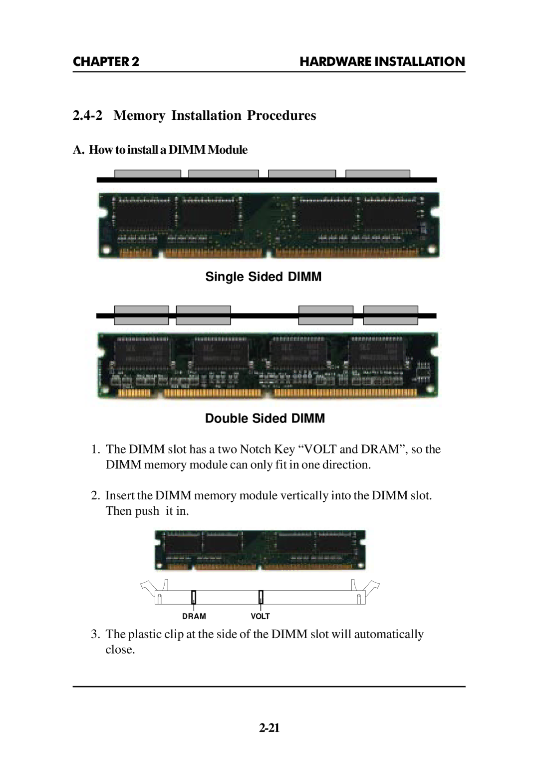 Intel ATX BX2 manual Memory Installation Procedures, Single Sided Dimm Double Sided Dimm 