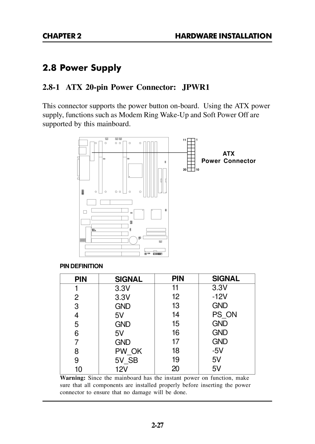 Intel ATX BX2 manual Power Supply, ATX 20-pin Power Connector JPWR1 