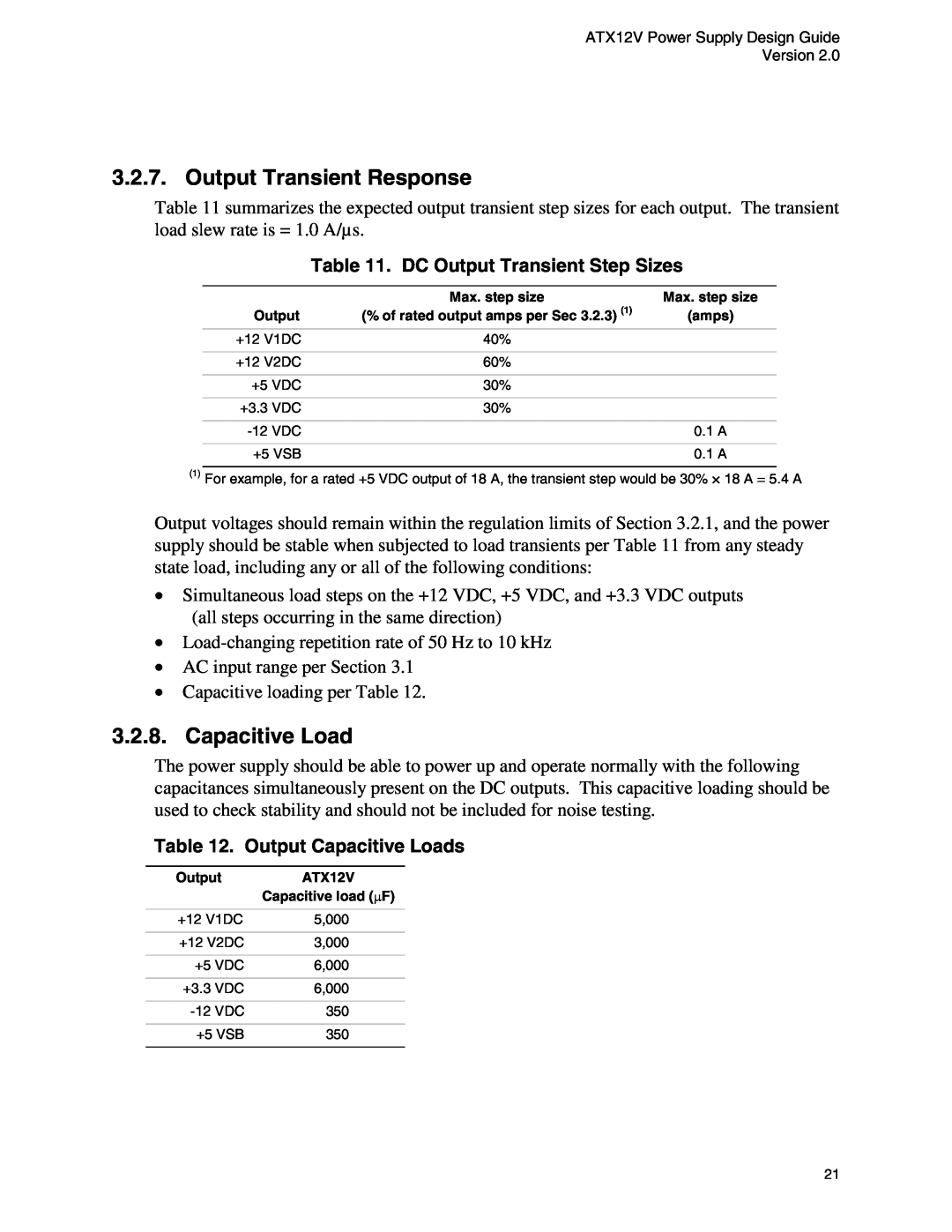 Intel ATX12V manual Output Transient Response, DC Output Transient Step Sizes, Output Capacitive Loads 