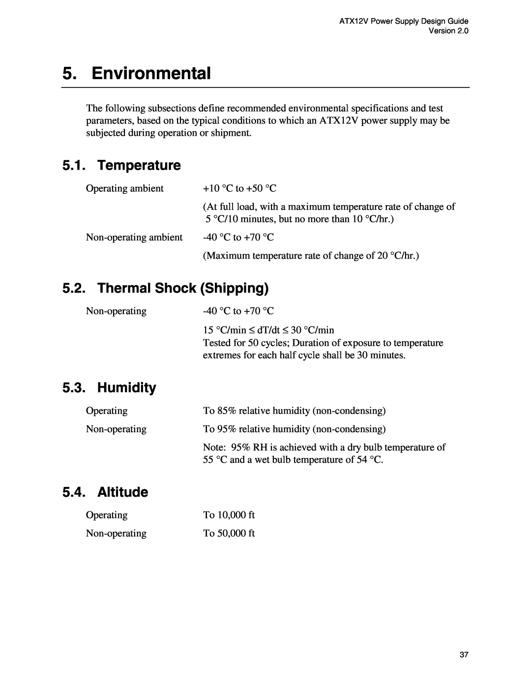 Intel ATX12V manual Environmental, Temperature, Thermal Shock Shipping, Humidity, Altitude 