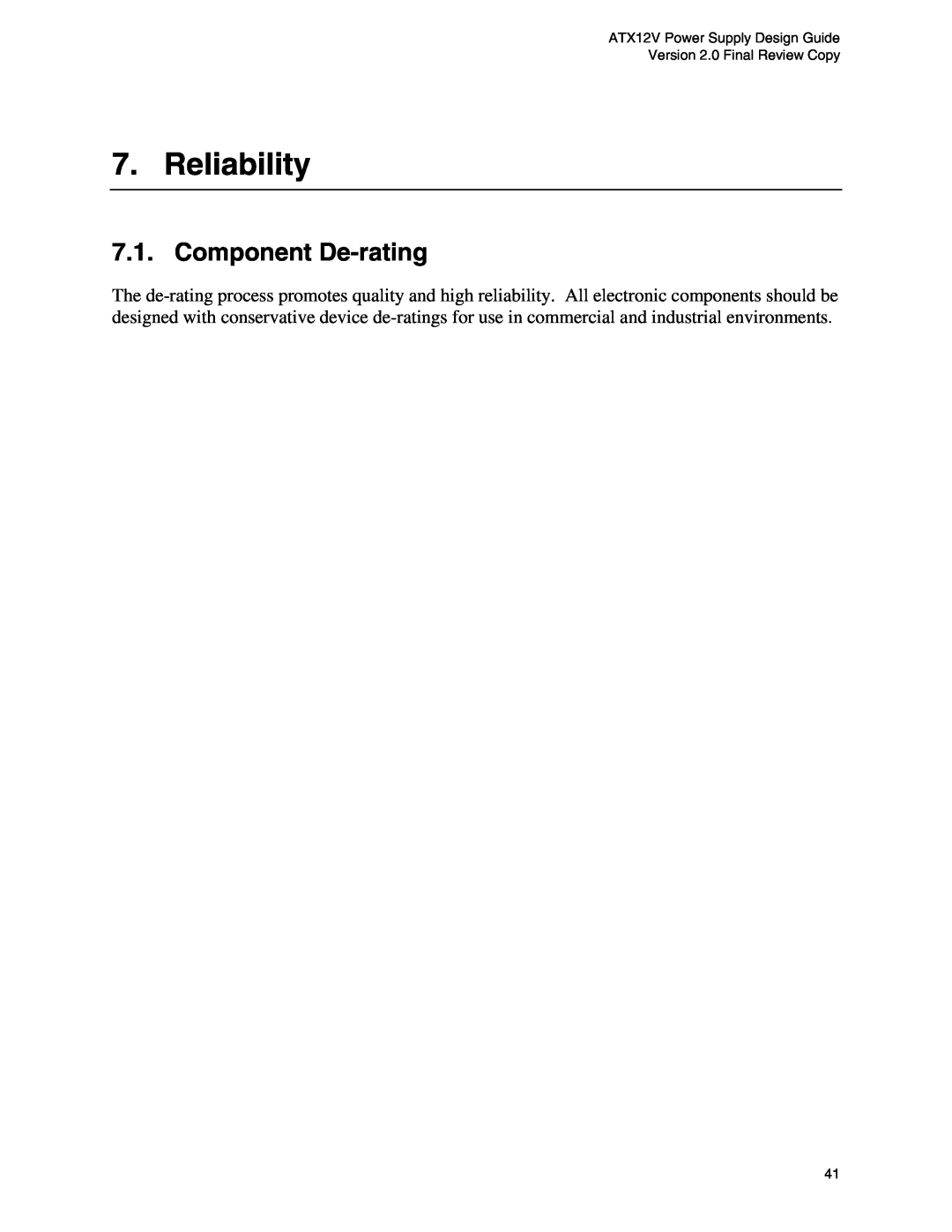 Intel ATX12V manual Reliability, Component De-rating 