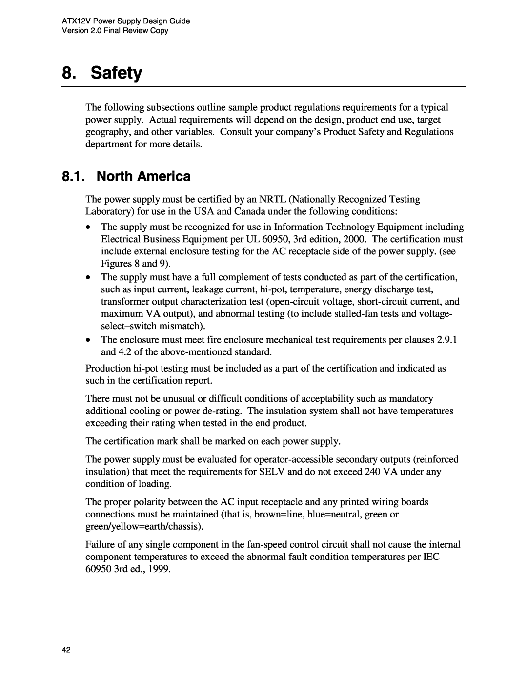 Intel ATX12V manual Safety, North America 