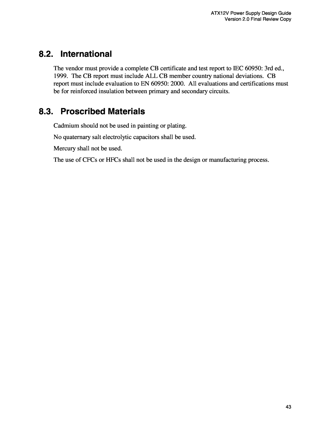 Intel ATX12V manual International, Proscribed Materials 