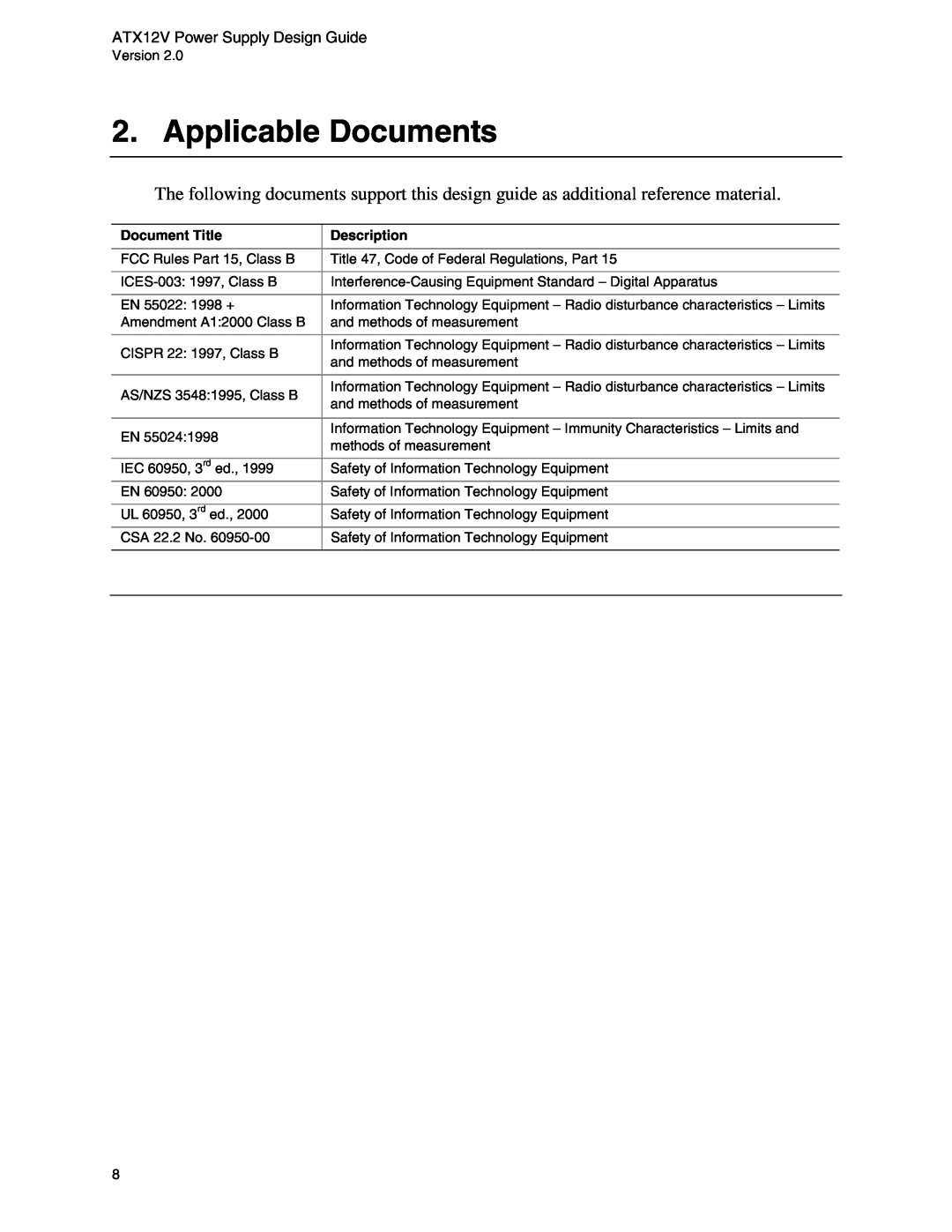 Intel ATX12V manual Applicable Documents, Document Title, Description 
