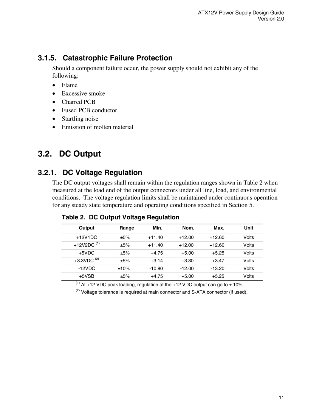 Intel ATX12V manual Catastrophic Failure Protection, DC Voltage Regulation, DC Output Voltage Regulation 