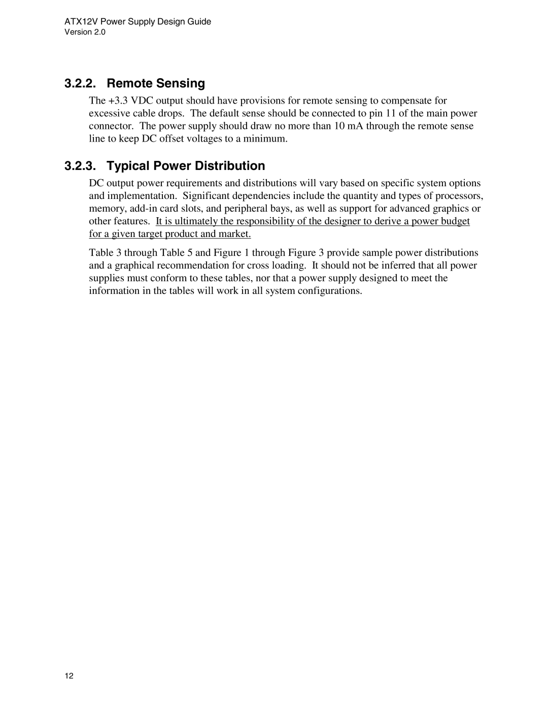 Intel ATX12V manual Remote Sensing, Typical Power Distribution 