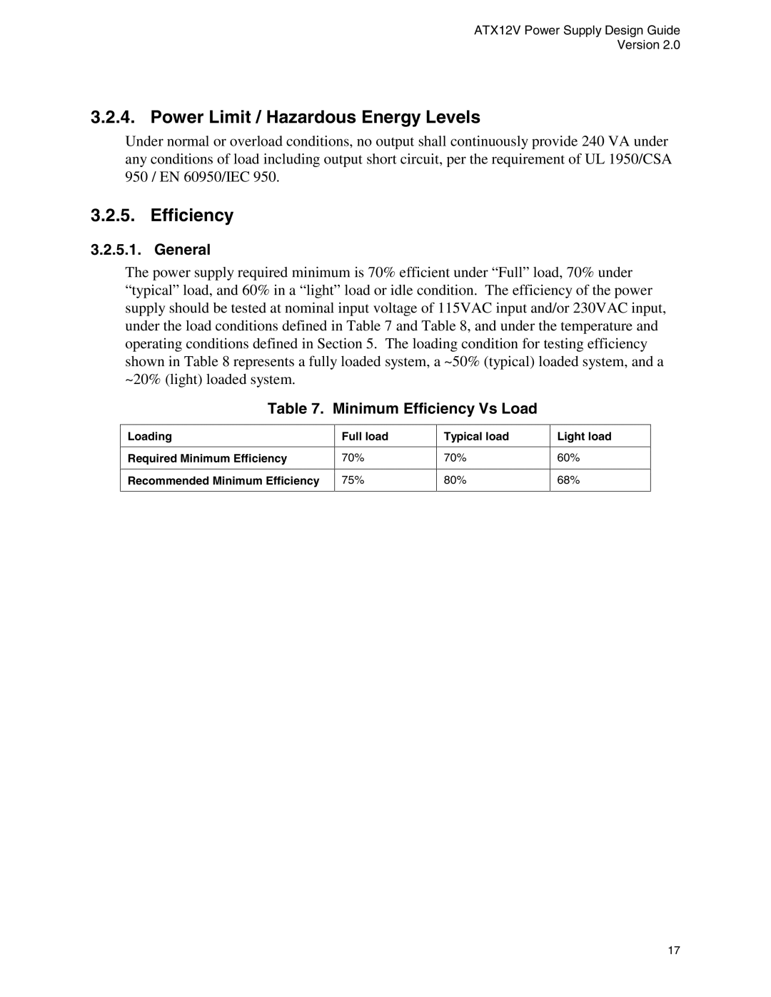 Intel ATX12V manual Power Limit / Hazardous Energy Levels, General, Minimum Efficiency Vs Load 