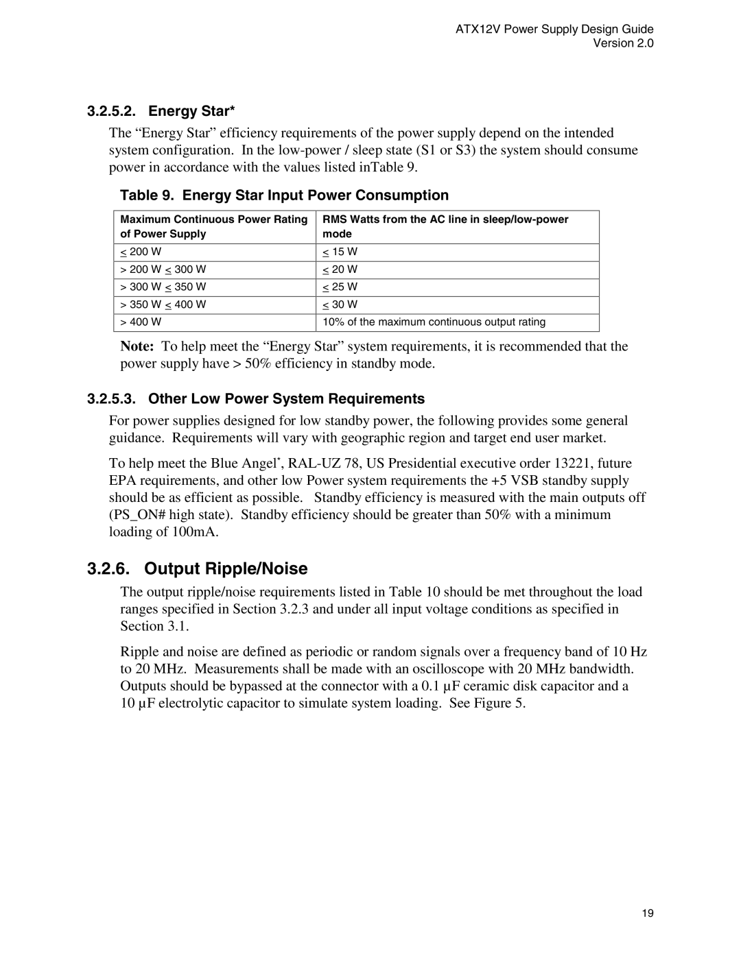 Intel ATX12V manual Output Ripple/Noise, Energy Star Input Power Consumption, Other Low Power System Requirements 