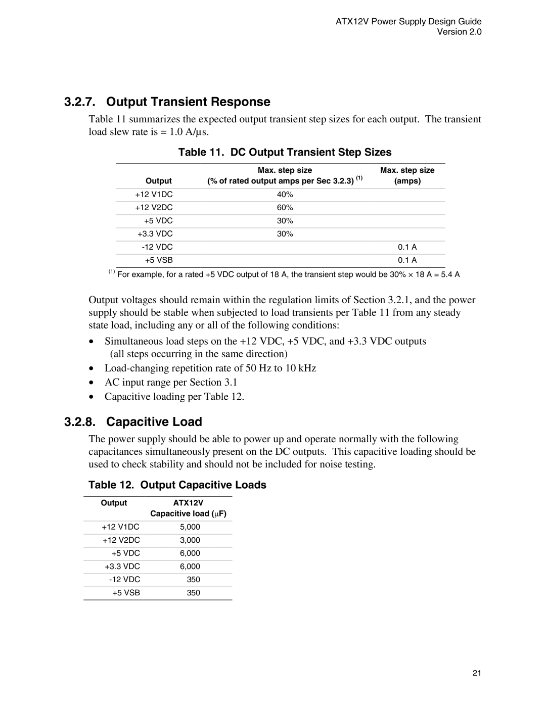 Intel ATX12V manual Output Transient Response, DC Output Transient Step Sizes, Output Capacitive Loads 