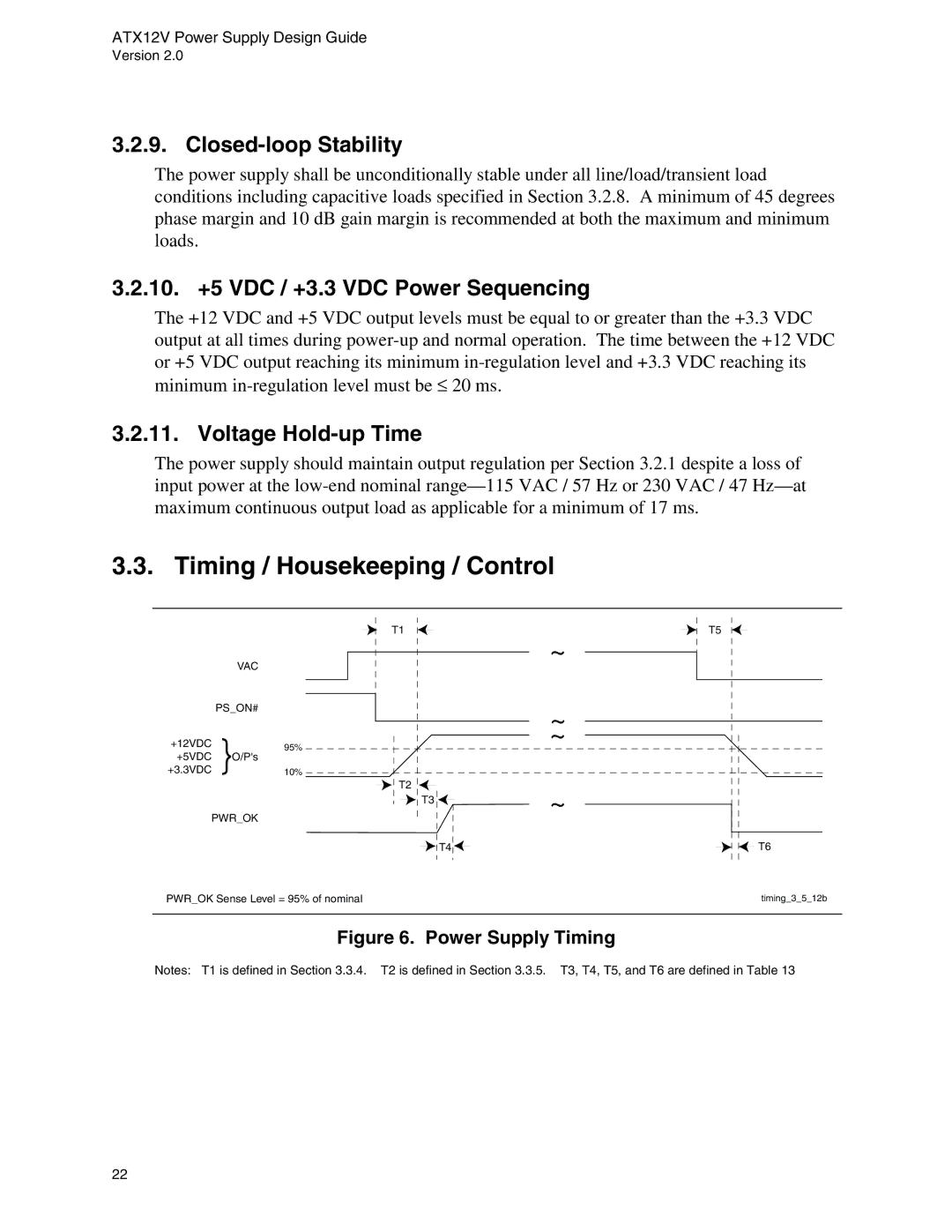 Intel ATX12V manual Timing / Housekeeping / Control, Closed-loop Stability, 10. +5 VDC / +3.3 VDC Power Sequencing 