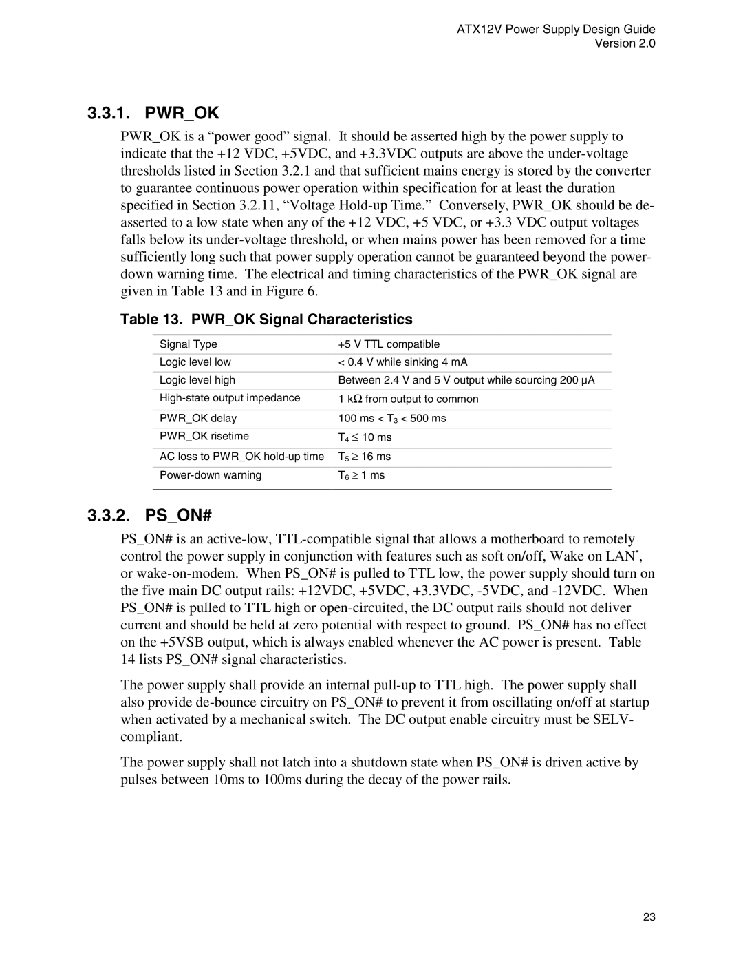 Intel ATX12V manual Pson#, Pwrok Signal Characteristics 