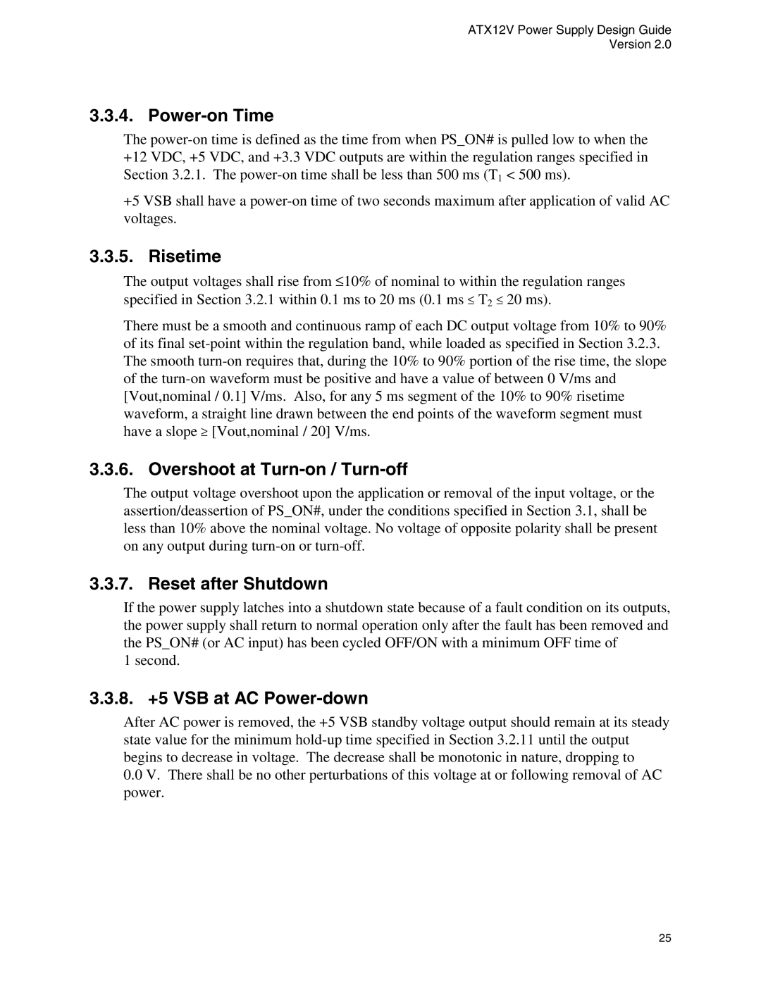 Intel ATX12V Power-on Time, Risetime, Overshoot at Turn-on / Turn-off, Reset after Shutdown, 8. +5 VSB at AC Power-down 