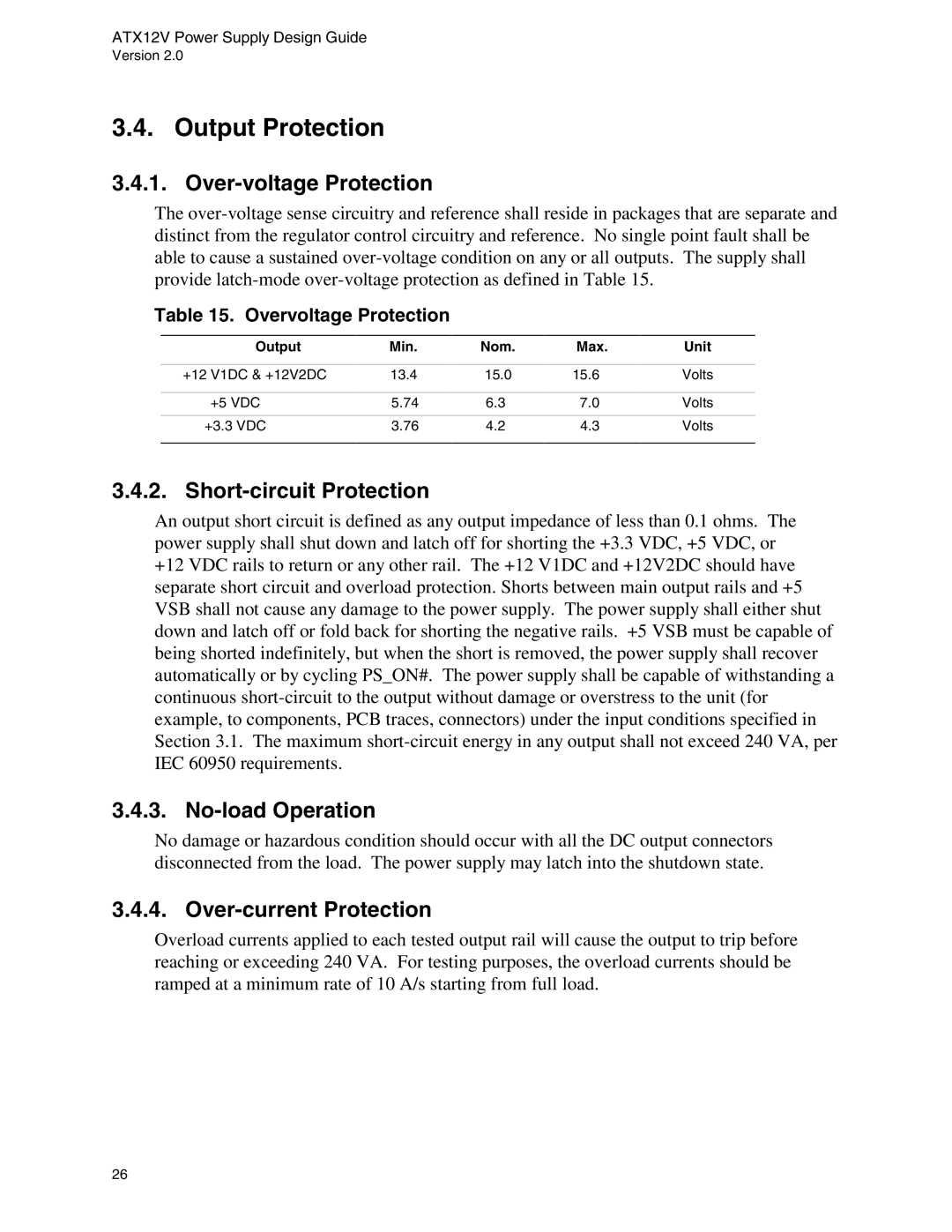 Intel ATX12V manual Output Protection, Over-voltage Protection, Short-circuit Protection, No-load Operation 