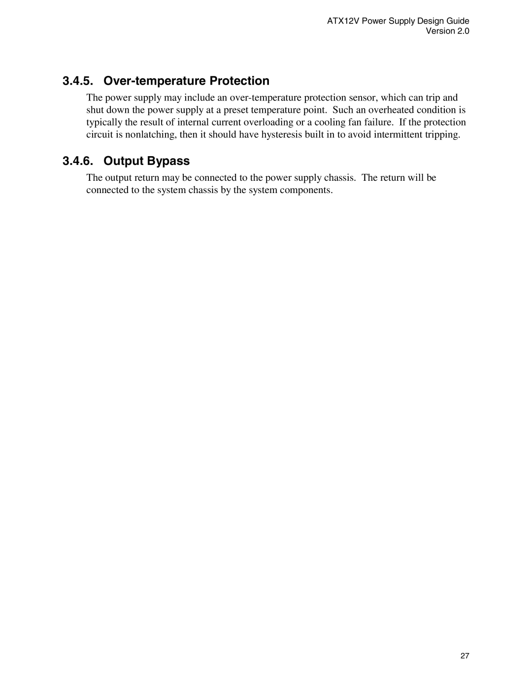 Intel ATX12V manual Over-temperature Protection, Output Bypass 