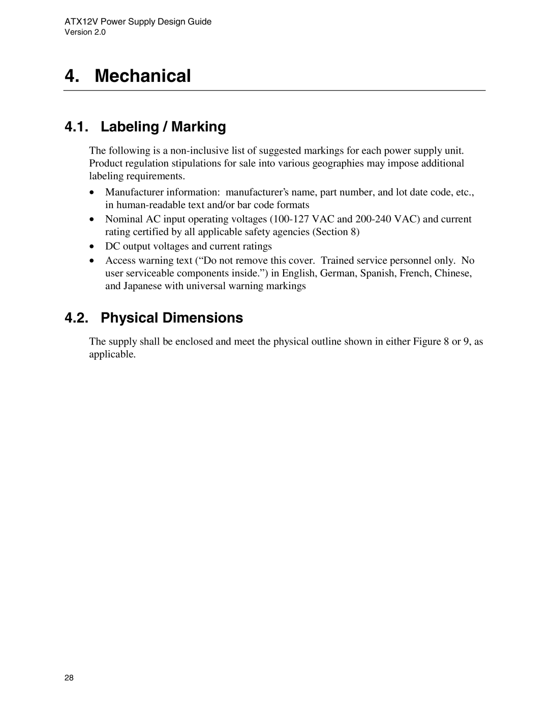 Intel ATX12V manual Mechanical, Labeling / Marking, Physical Dimensions 