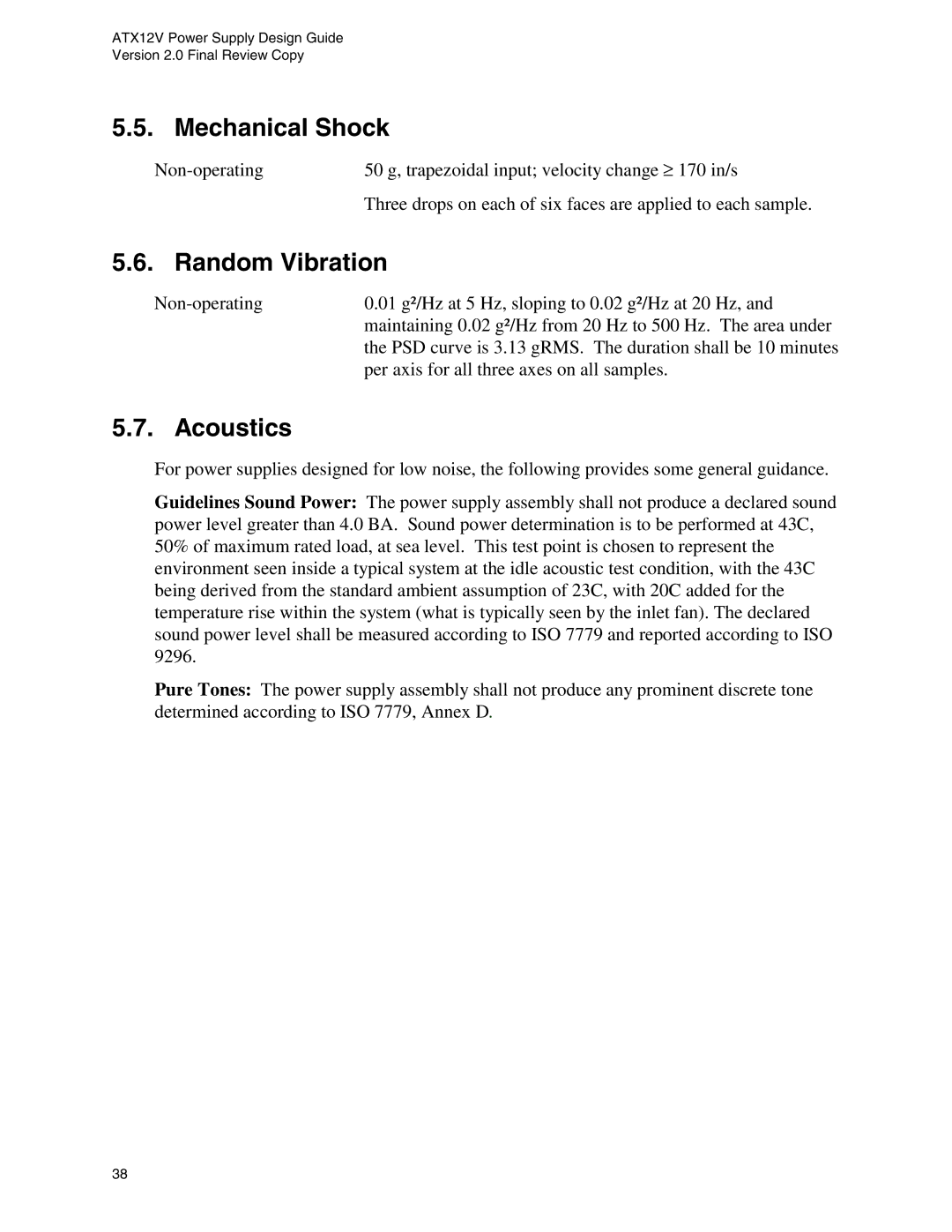 Intel ATX12V manual Mechanical Shock, Random Vibration, Acoustics 