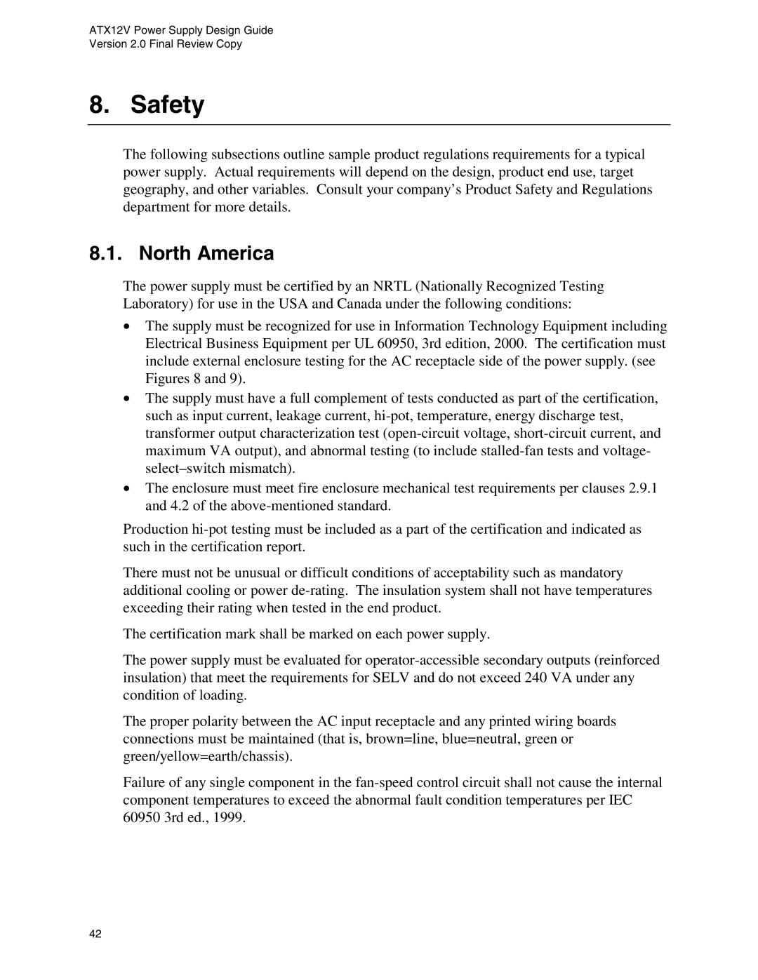 Intel ATX12V manual Safety, North America 