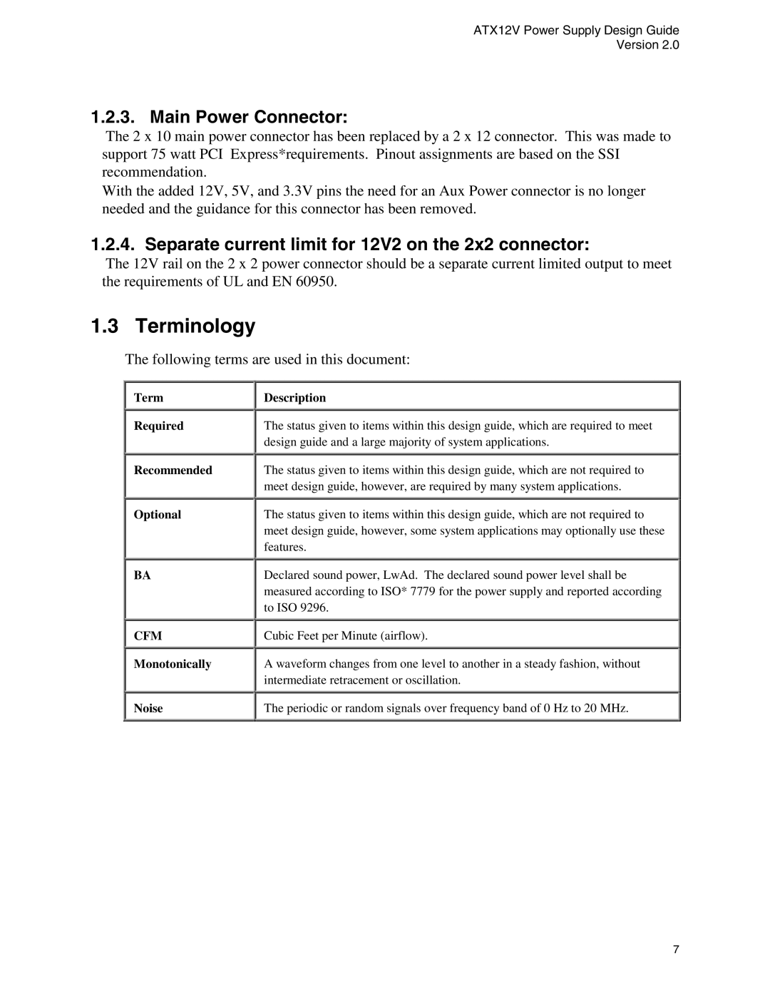 Intel ATX12V manual Terminology, Main Power Connector, Separate current limit for 12V2 on the 2x2 connector 