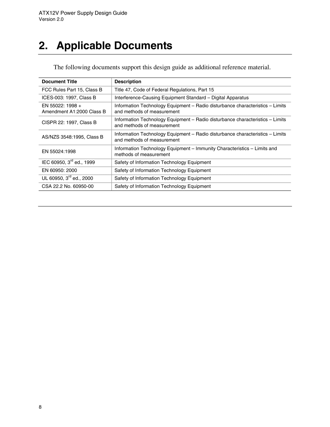 Intel ATX12V manual Applicable Documents, Document Title, Description 