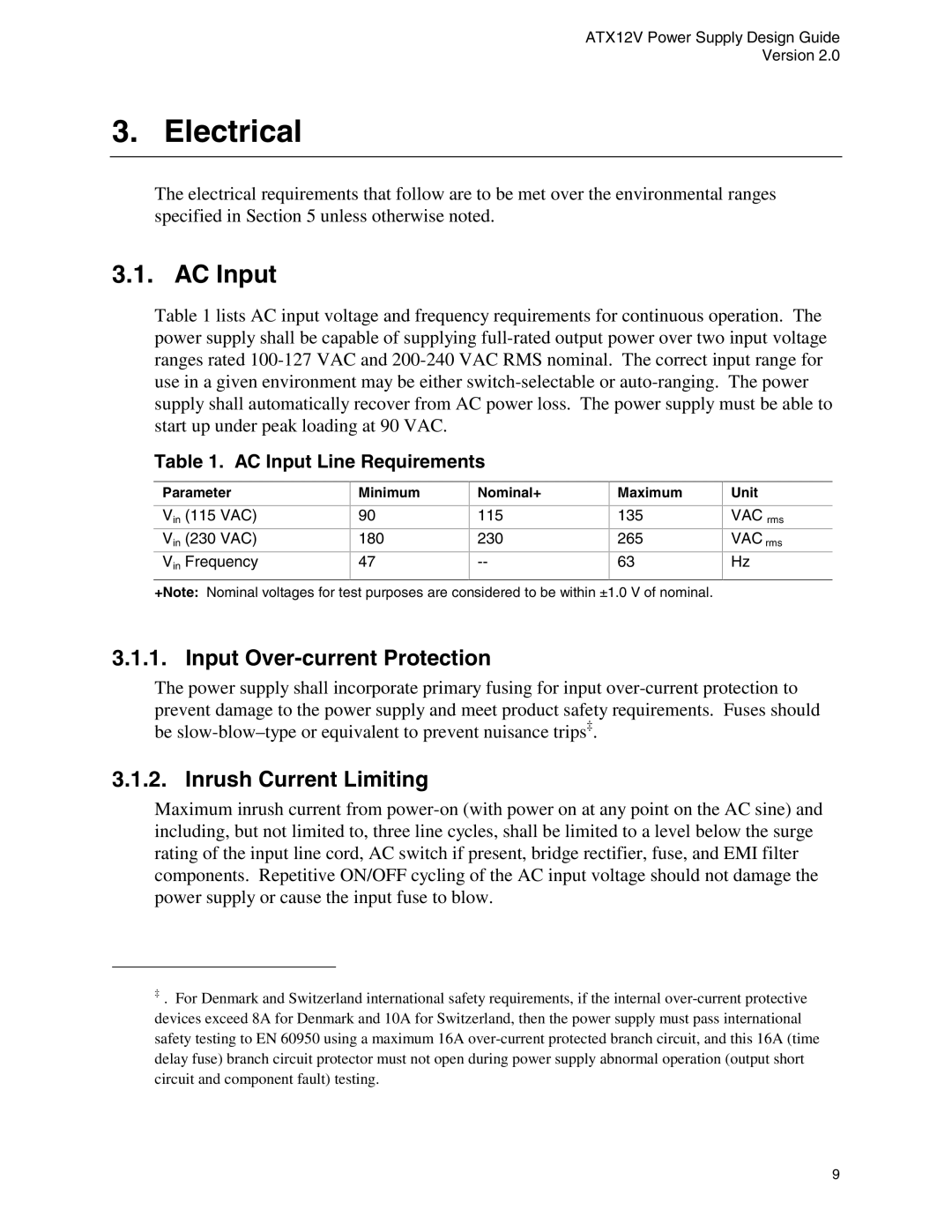 Intel ATX12V manual Electrical, Input Over-current Protection, Inrush Current Limiting, AC Input Line Requirements 