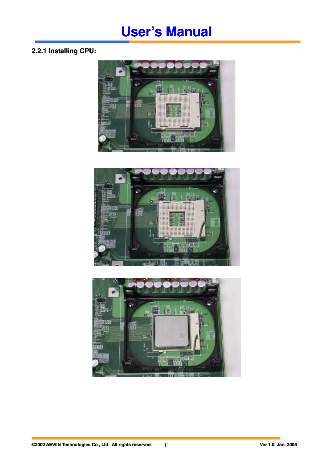 Intel AW-A795 user manual Installing CPU, User’s Manual, Ver 1.0. Jan 