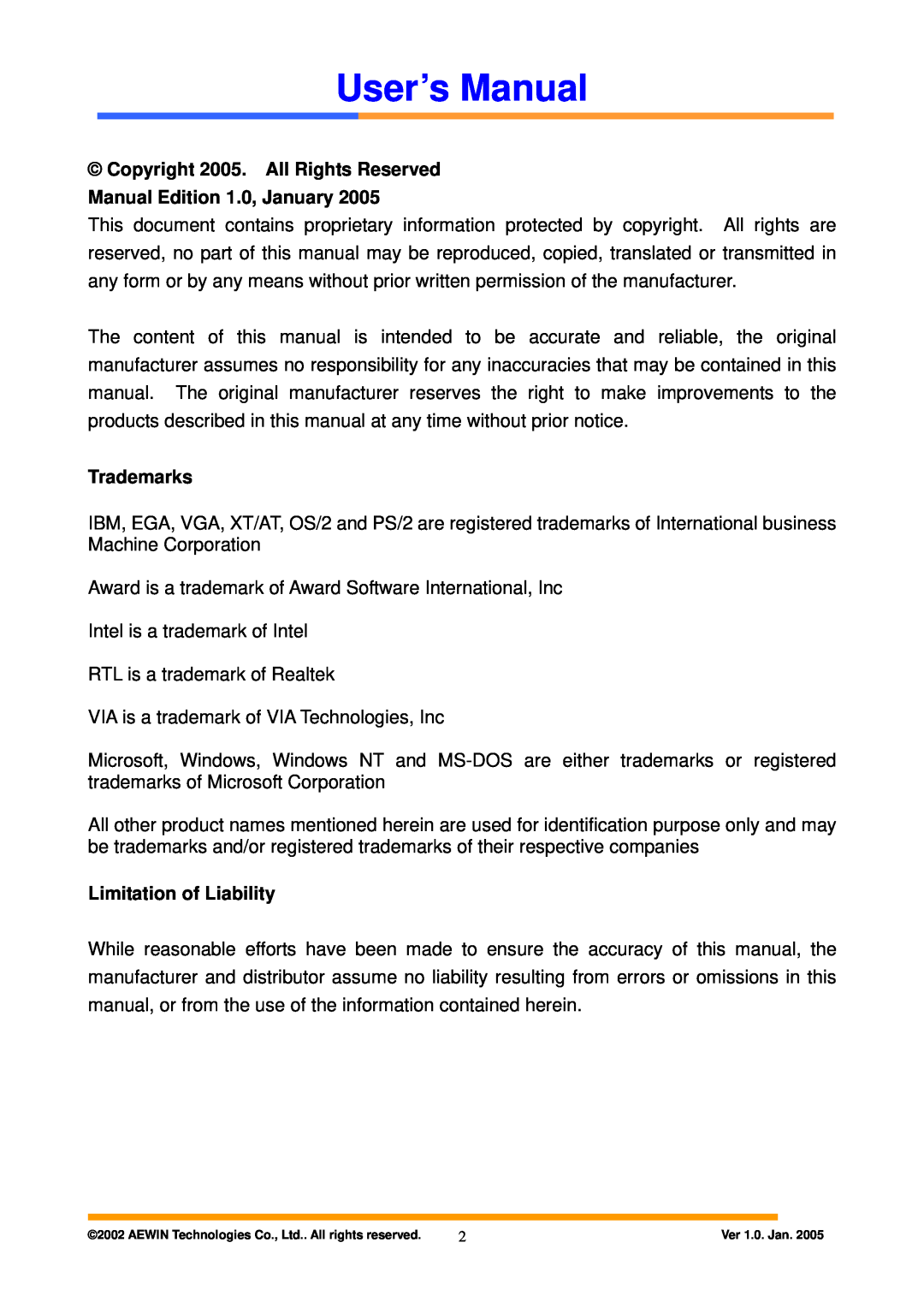 Intel AW-A795 Copyright 2005. All Rights Reserved Manual Edition 1.0, January, Trademarks, Limitation of Liability 