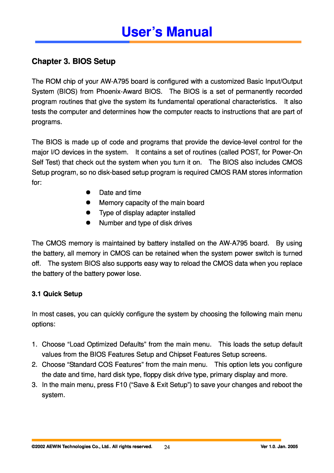 Intel AW-A795 user manual BIOS Setup, User’s Manual, Quick Setup 