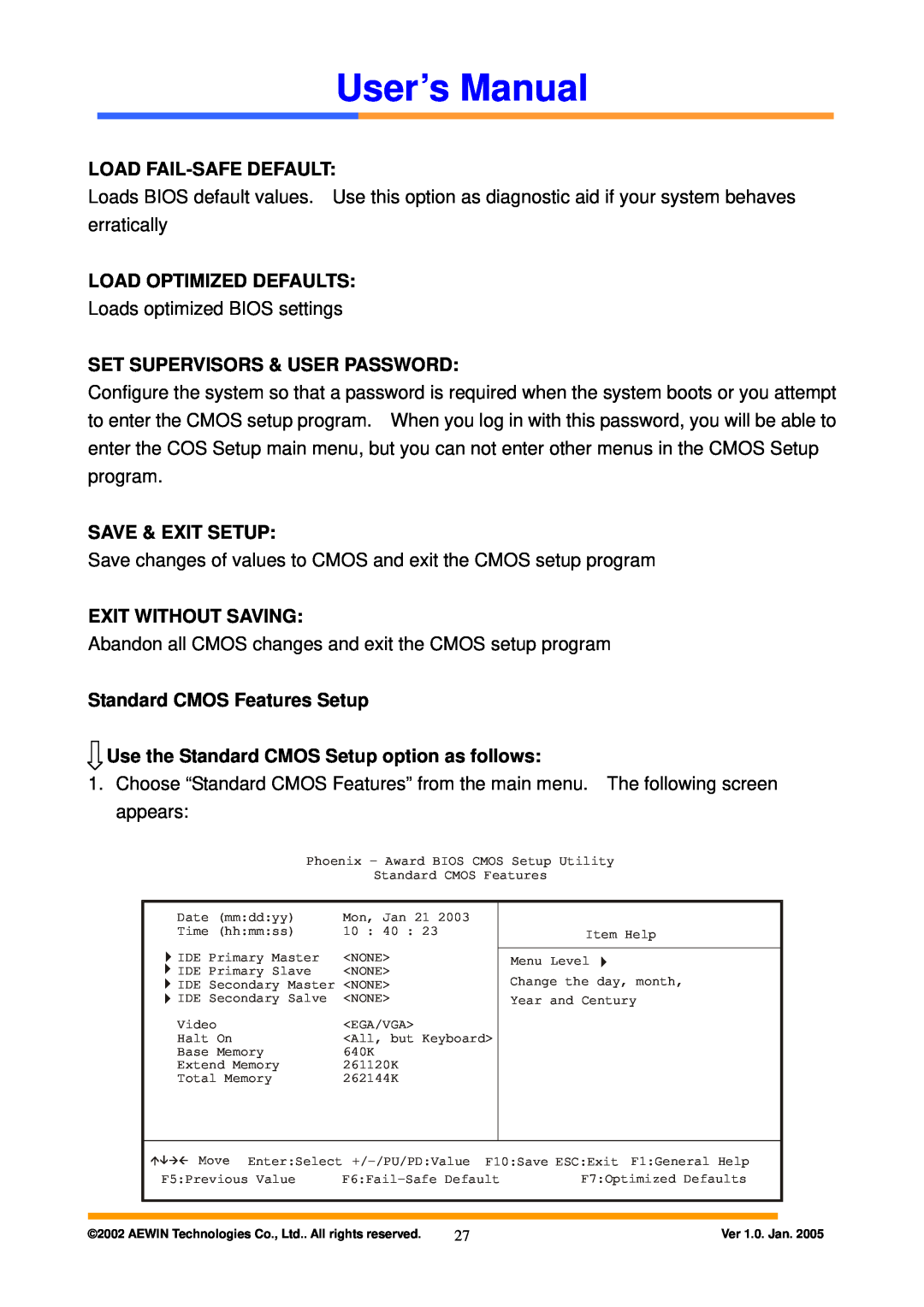 Intel AW-A795 Load Fail-Safe Default, Load Optimized Defaults, Set Supervisors & User Password, Save & Exit Setup 