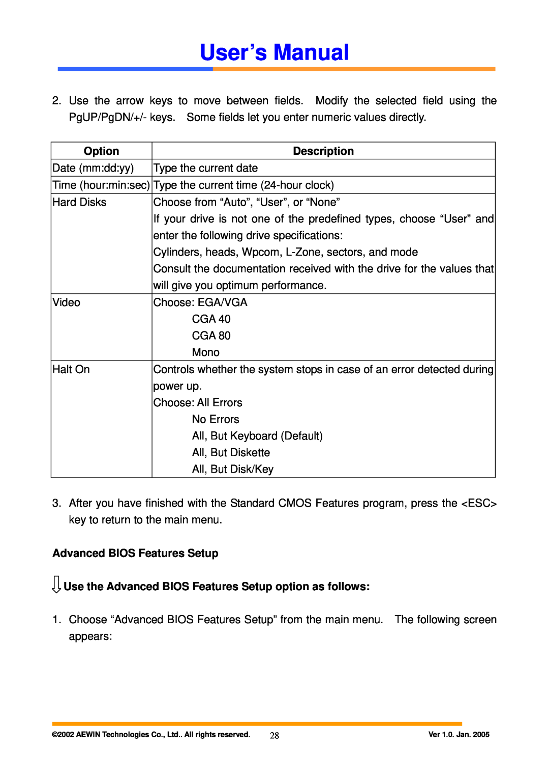 Intel AW-A795 user manual Option, Description, Use the Advanced BIOS Features Setup option as follows, User’s Manual 