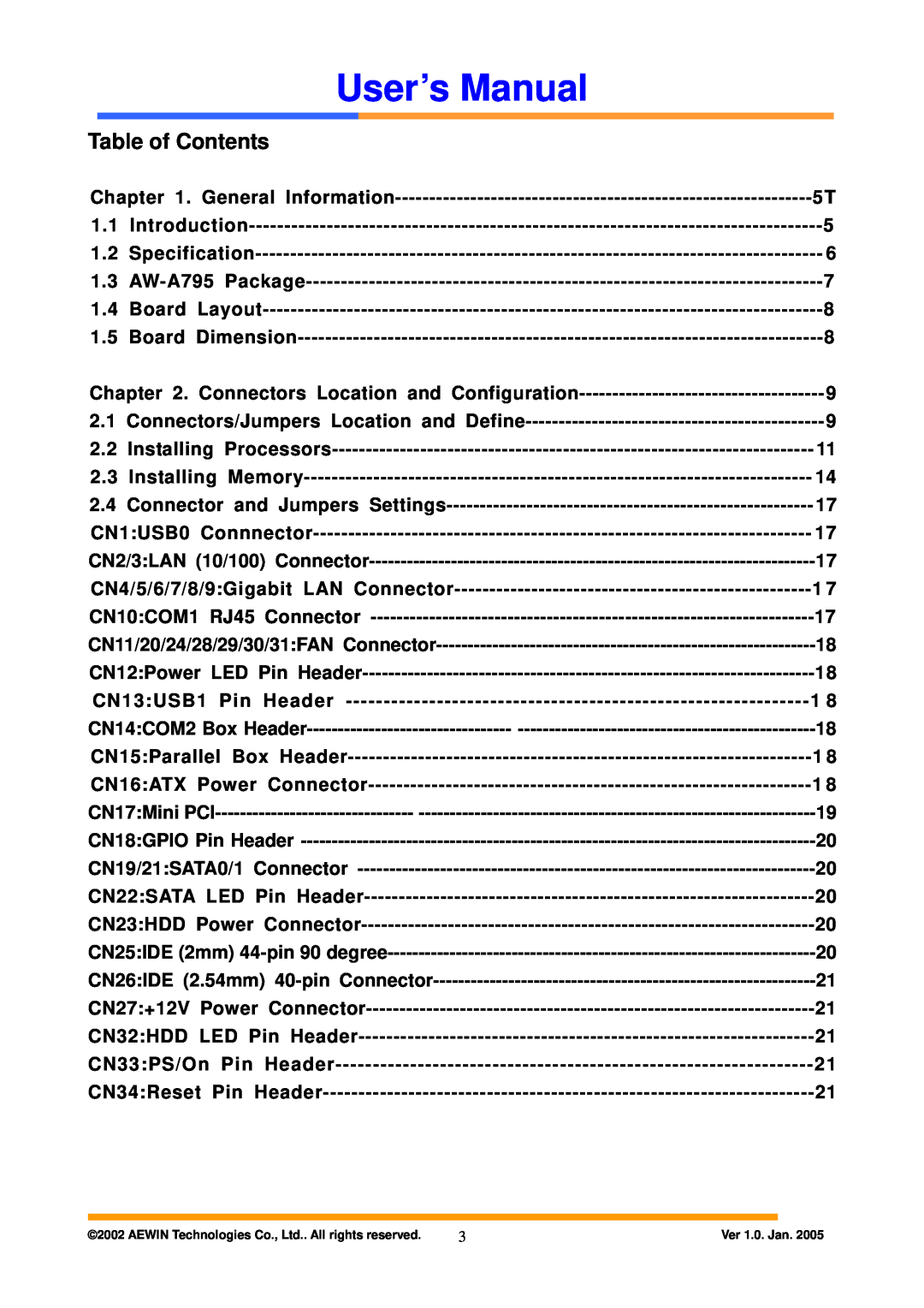 Intel Table of Contents, General Information, Introduction, Specification, AW-A795 Package, Board Layout, CN17Mini PCI 