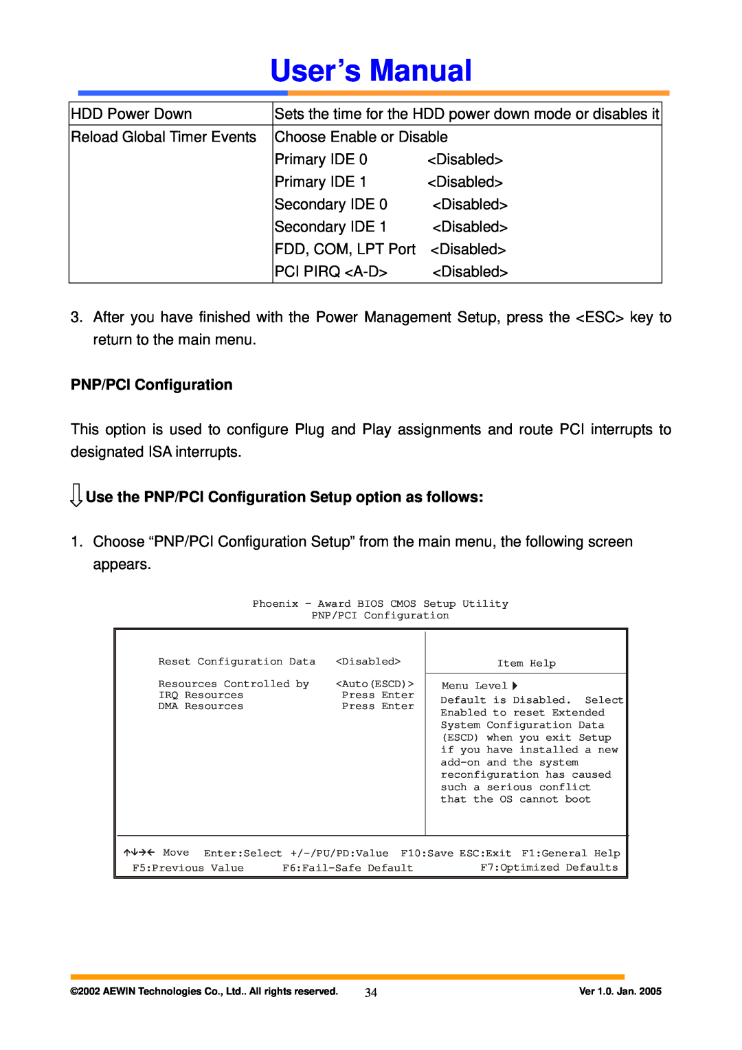 Intel AW-A795 user manual Use the PNP/PCI Configuration Setup option as follows, User’s Manual 