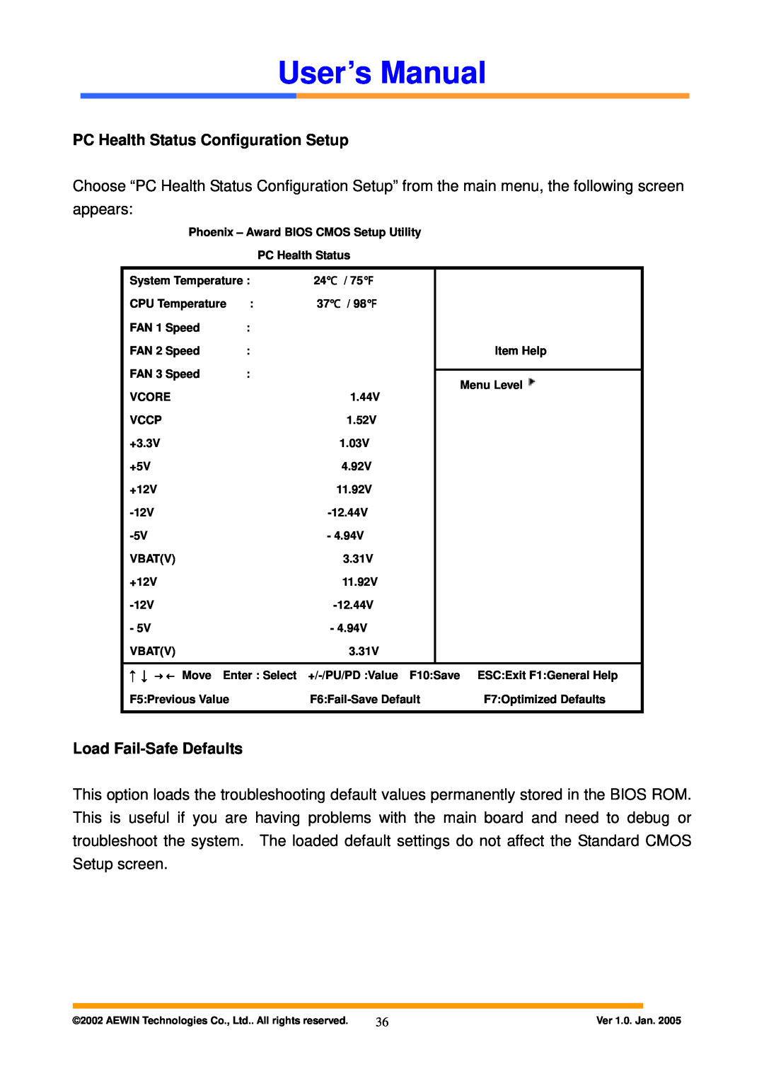 Intel AW-A795 user manual PC Health Status Configuration Setup, Load Fail-Safe Defaults, User’s Manual 