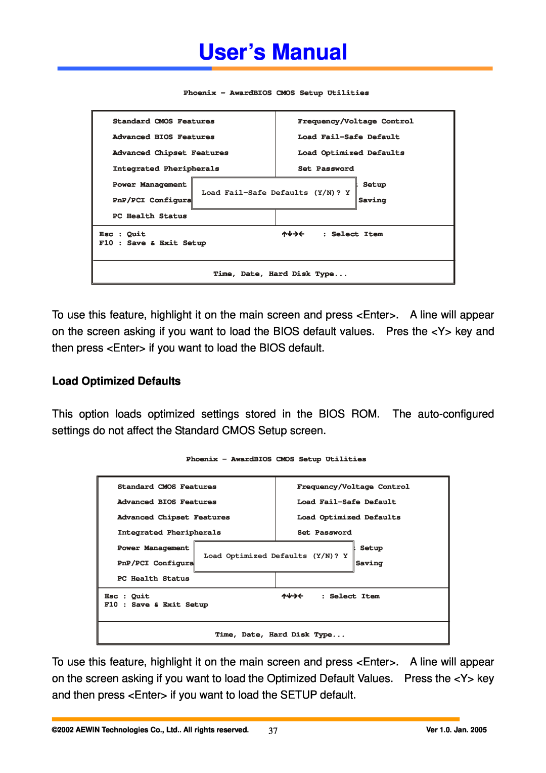 Intel AW-A795 user manual Load Optimized Defaults, User’s Manual 