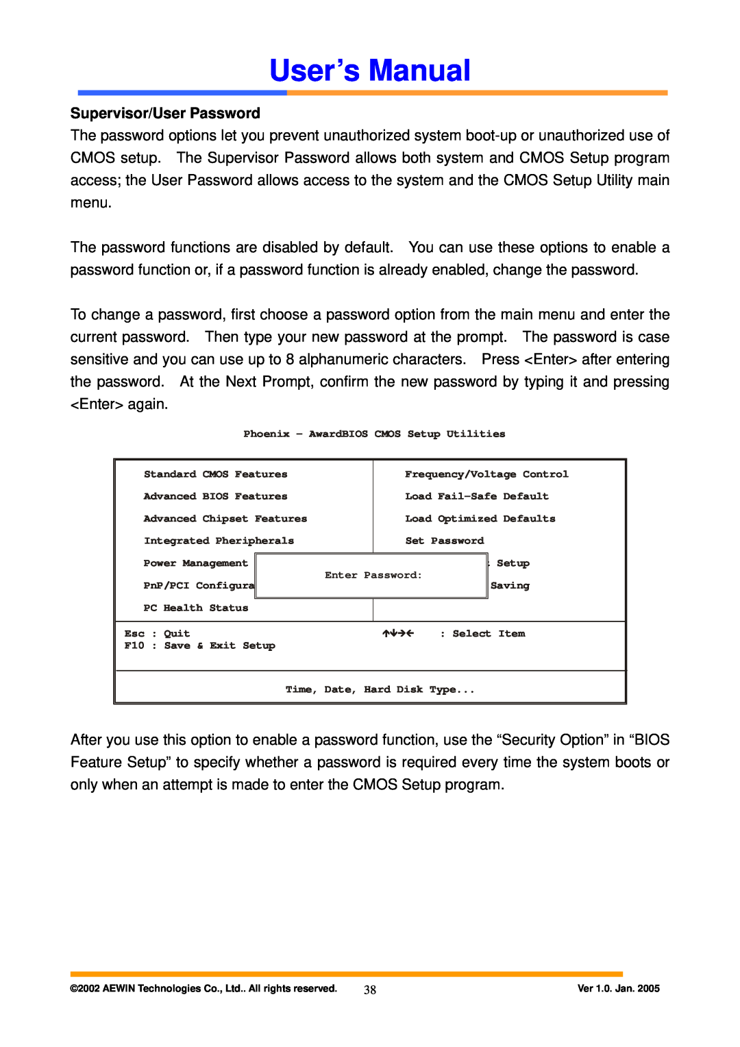 Intel AW-A795 user manual Supervisor/User Password, User’s Manual 