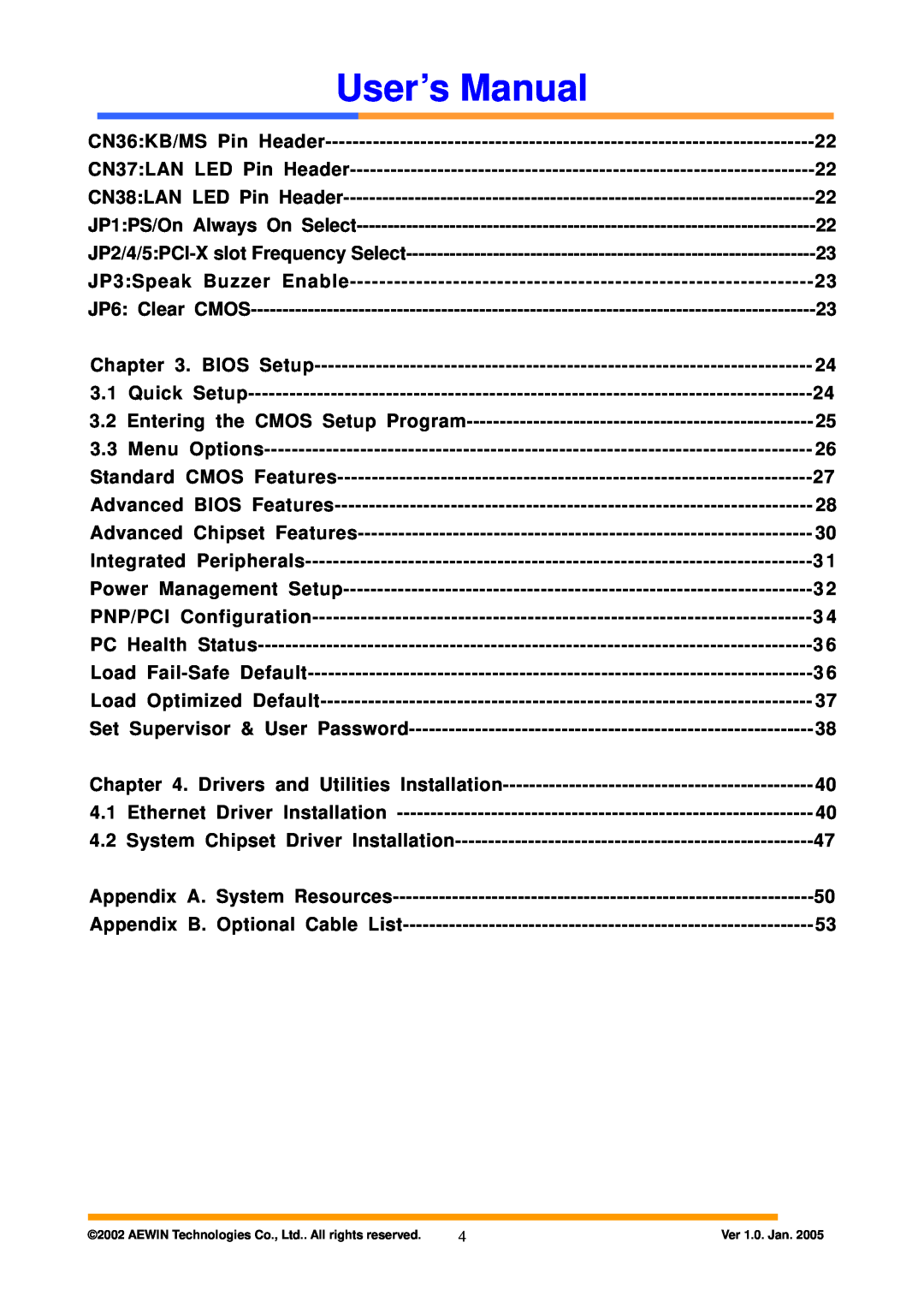 Intel AW-A795 CN36KB/MS Pin Header, CN37LAN LED Pin Header, CN38LAN LED Pin Header, JP1PS/On Always On Select, BIOS Setup 