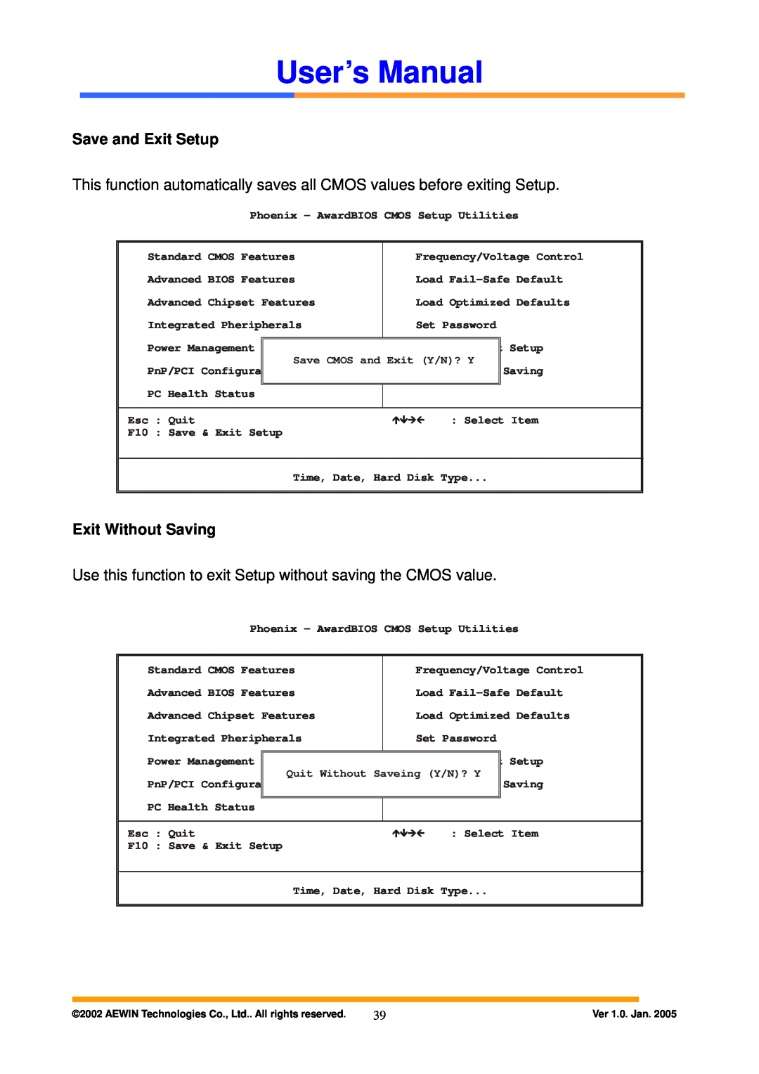 Intel AW-A795 user manual Save and Exit Setup, Exit Without Saving, User’s Manual 