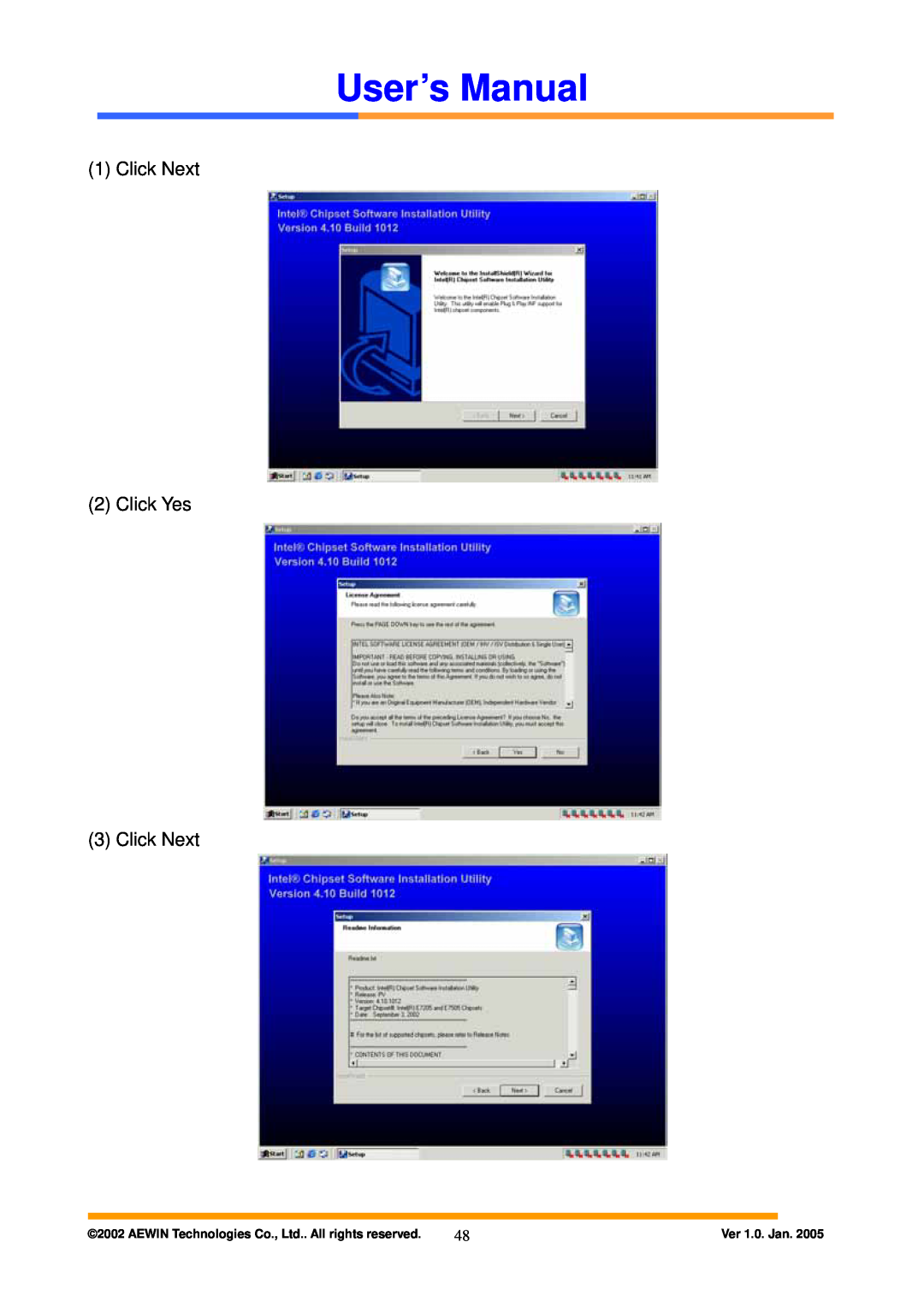 Intel AW-A795 user manual User’s Manual, Click Next 2 Click Yes 3 Click Next, Ver 1.0. Jan 