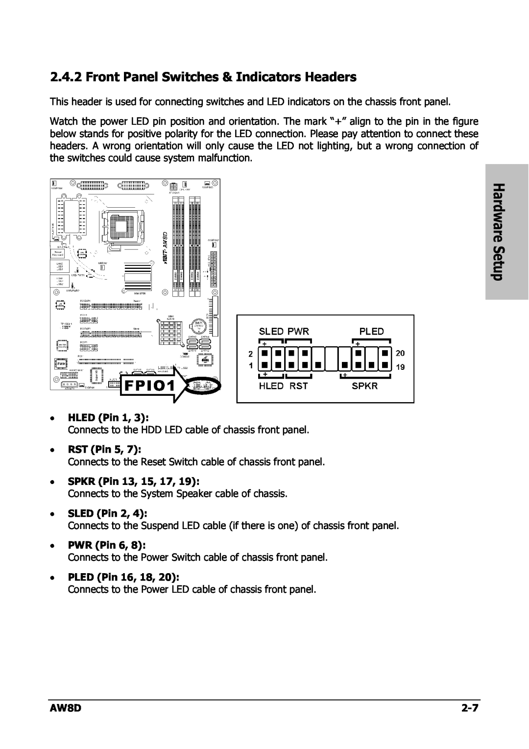 Intel AW8D user manual Front Panel Switches & Indicators Headers, Hardware Setup 