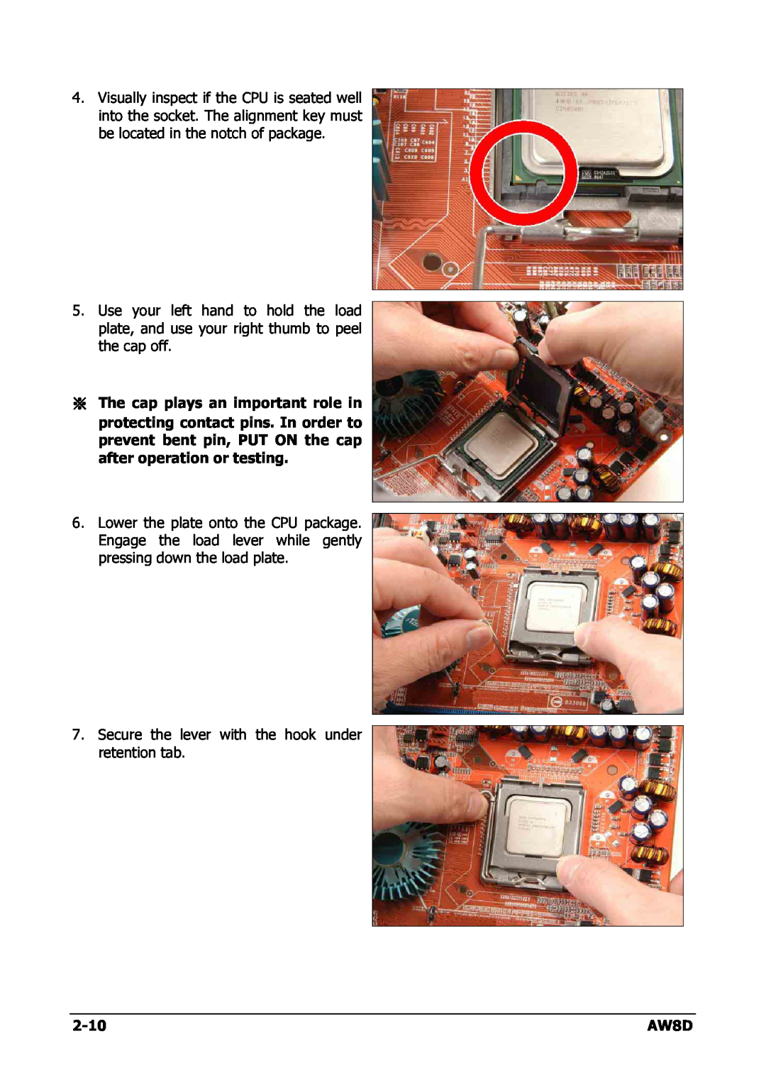 Intel AW8D user manual Secure the lever with the hook under retention tab, 2-10 