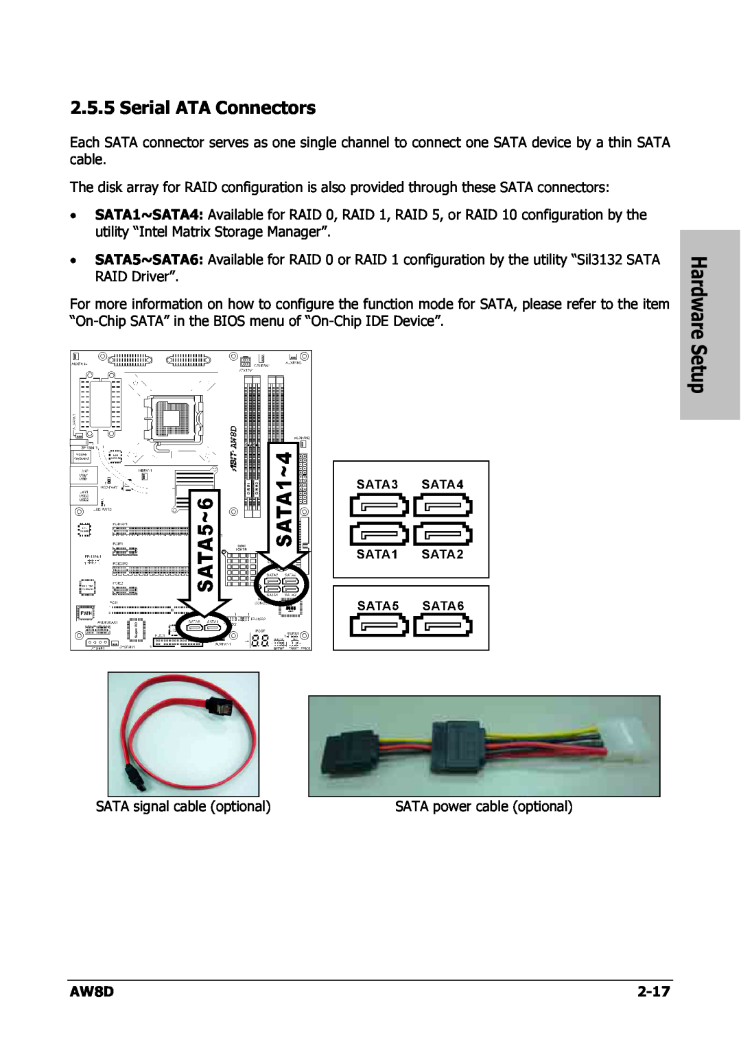 Intel AW8D user manual Serial ATA Connectors, Hardware Setup, SATA power cable optional 