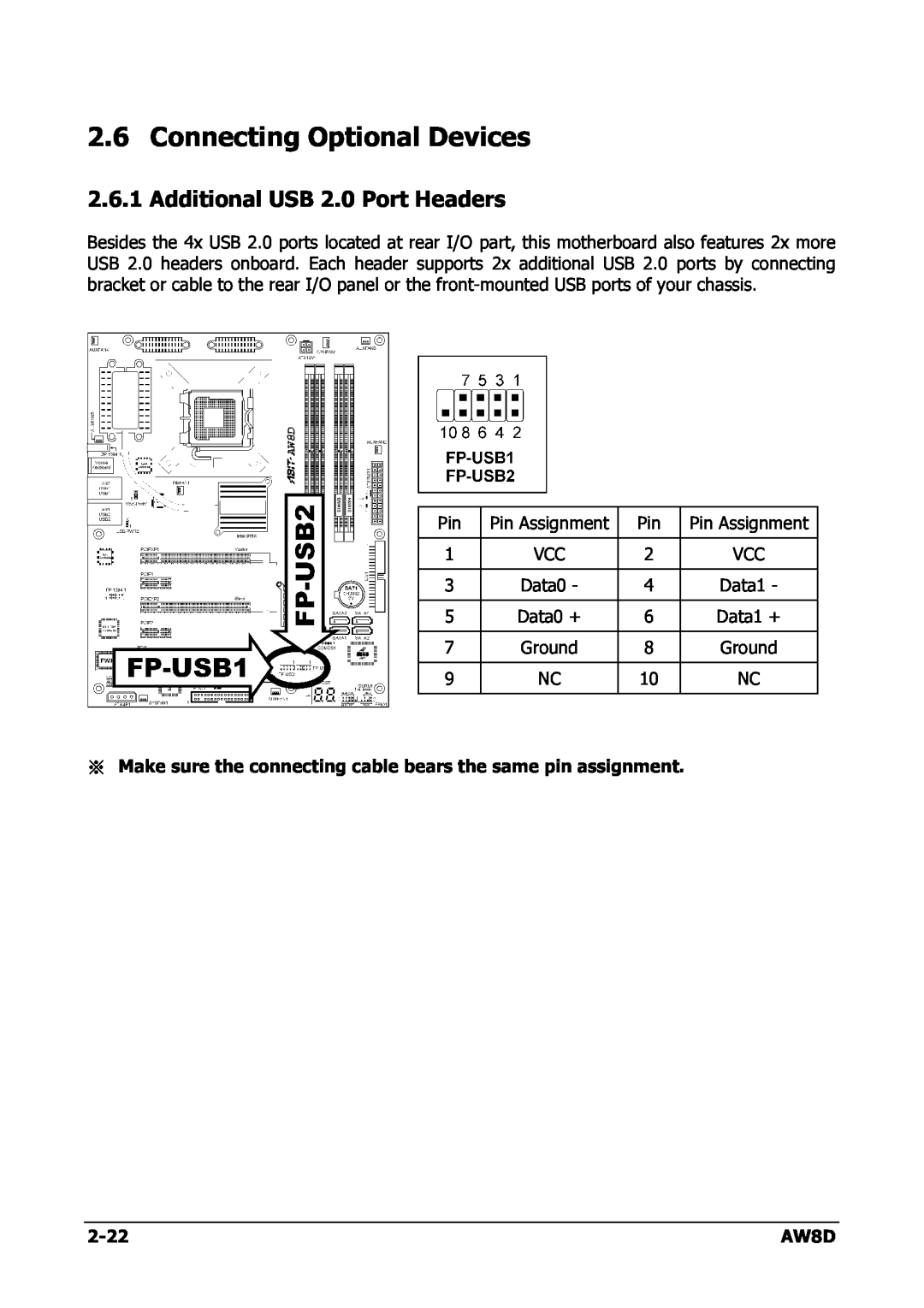 Intel AW8D user manual Connecting Optional Devices, Additional USB 2.0 Port Headers 