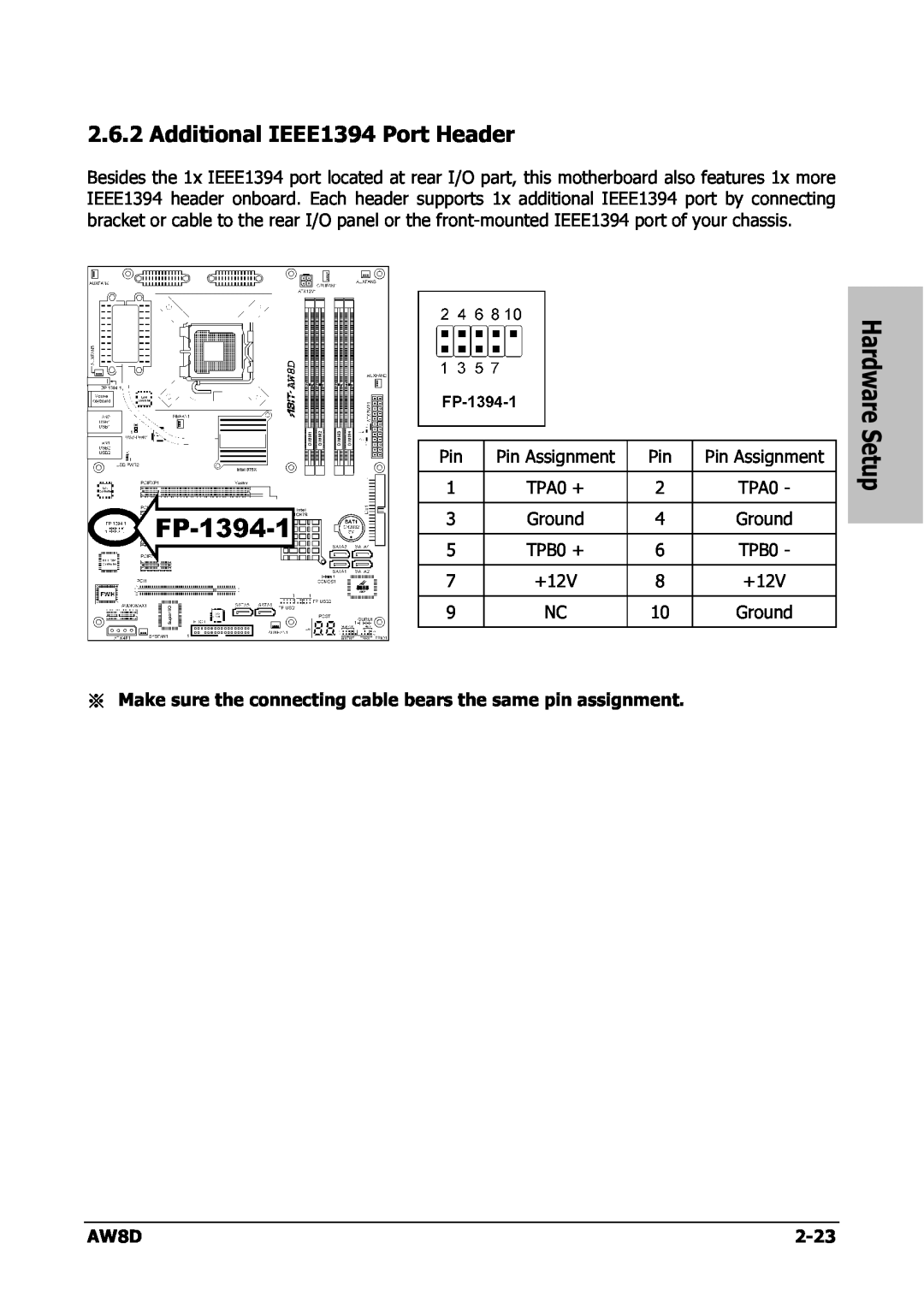 Intel AW8D user manual Additional IEEE1394 Port Header, Hardware 