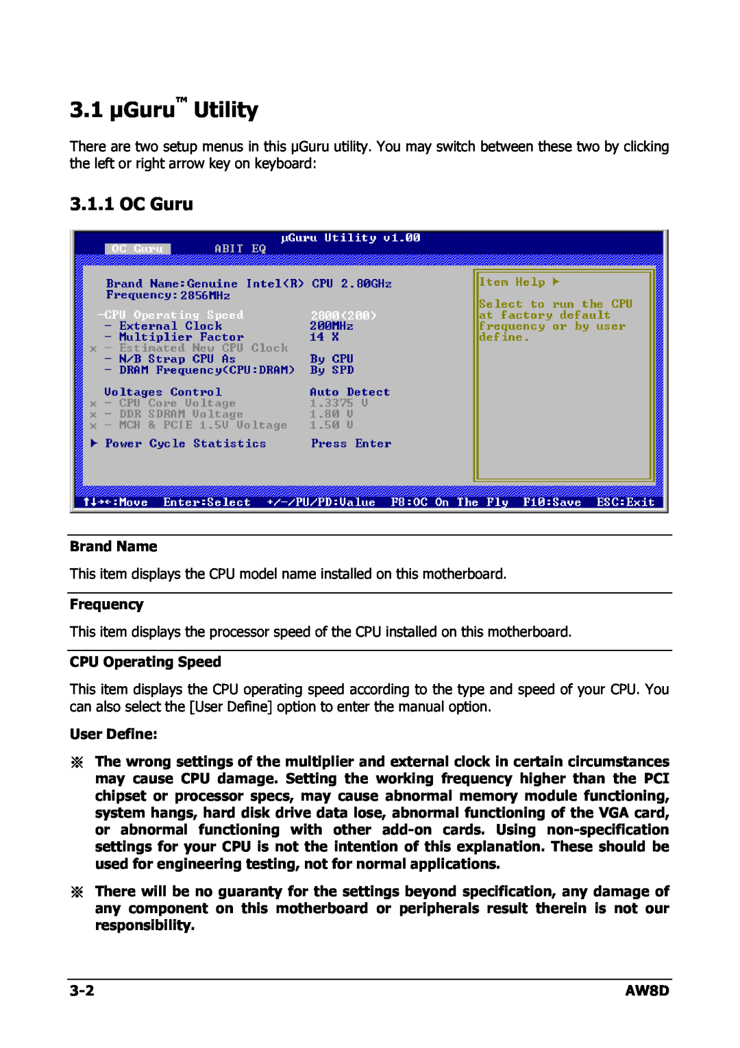 Intel AW8D user manual 3.1 µGuru Utility, OC Guru 