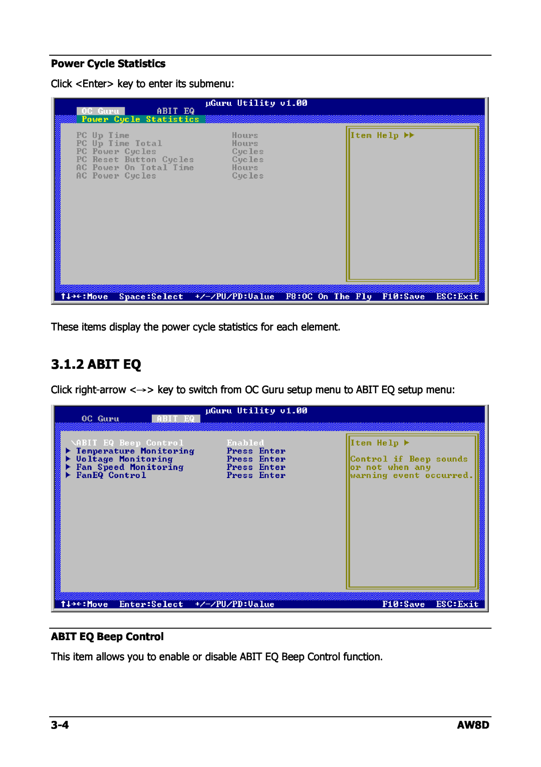 Intel AW8D user manual Abit Eq, Power Cycle Statistics Click Enter key to enter its submenu, ABIT EQ Beep Control 
