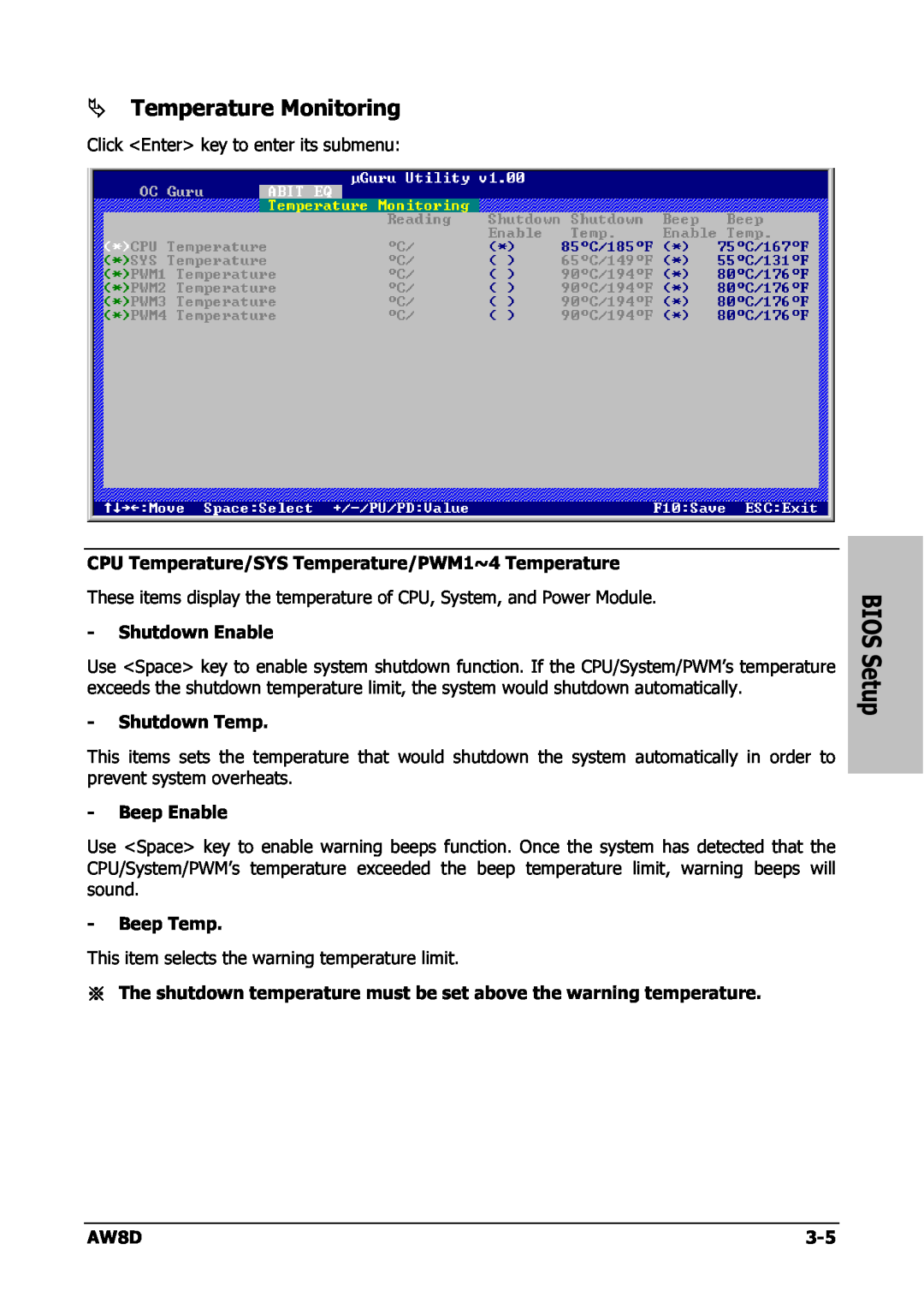 Intel AW8D user manual Temperature Monitoring, BIOS Setup 